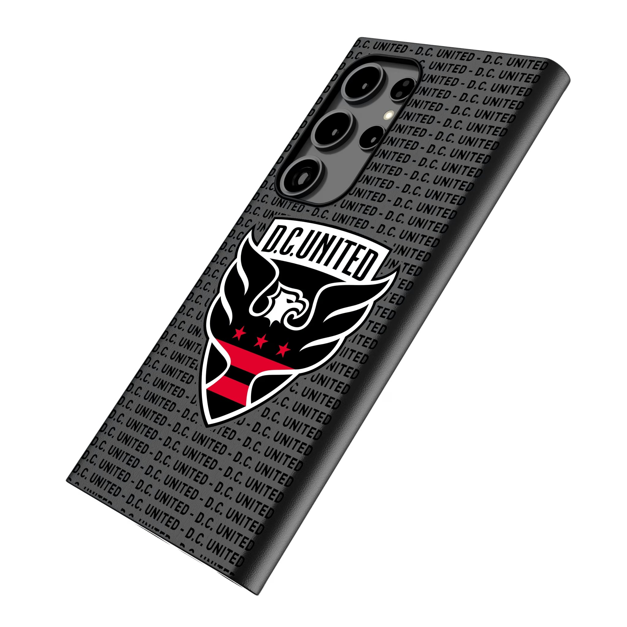 DC United Text Backdrop Galaxy MagSafe Compatible Phone Case for Samsung Galaxy - Isometric View
