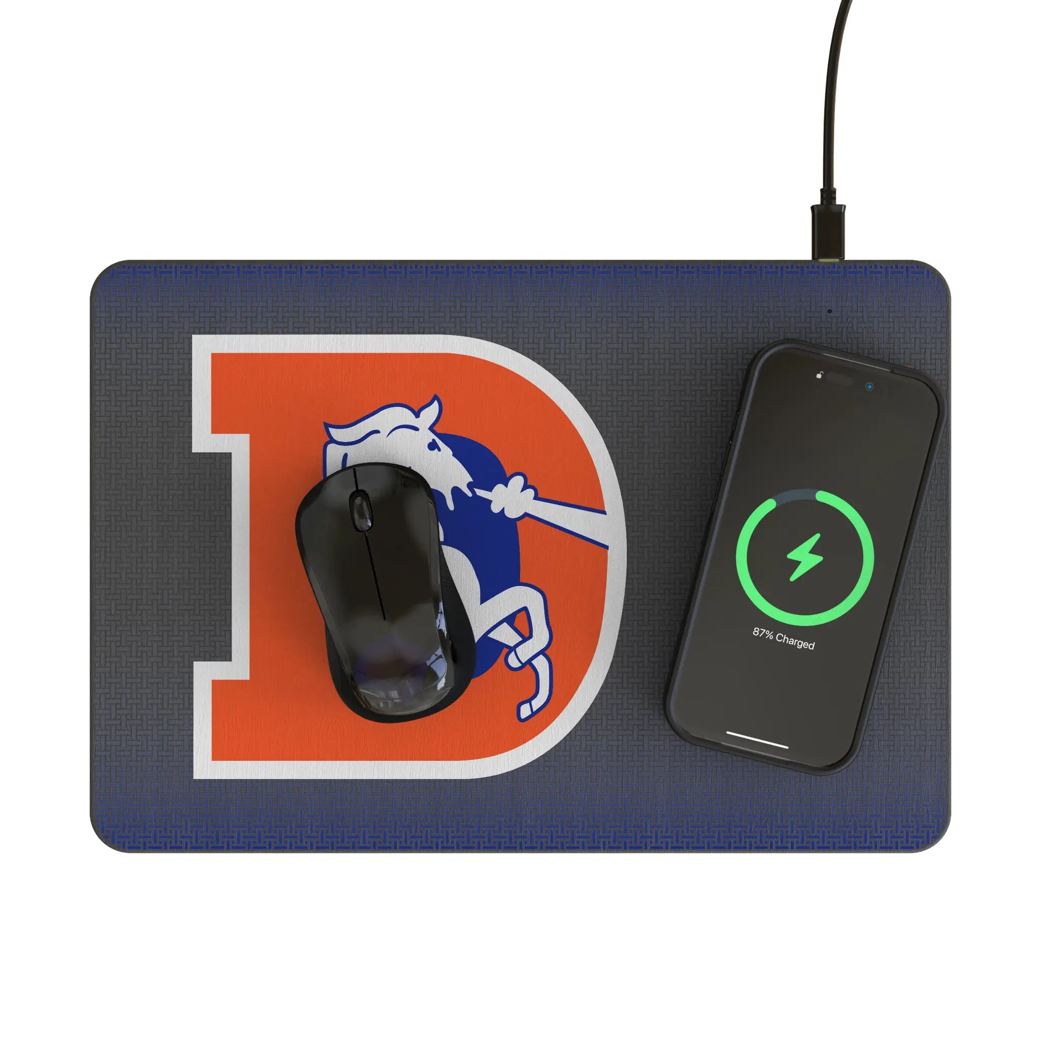 Denver Broncos 1993-1996 Historic Collection Linen 15-Watt Wireless Charger and Mouse Pad - Lifestyle