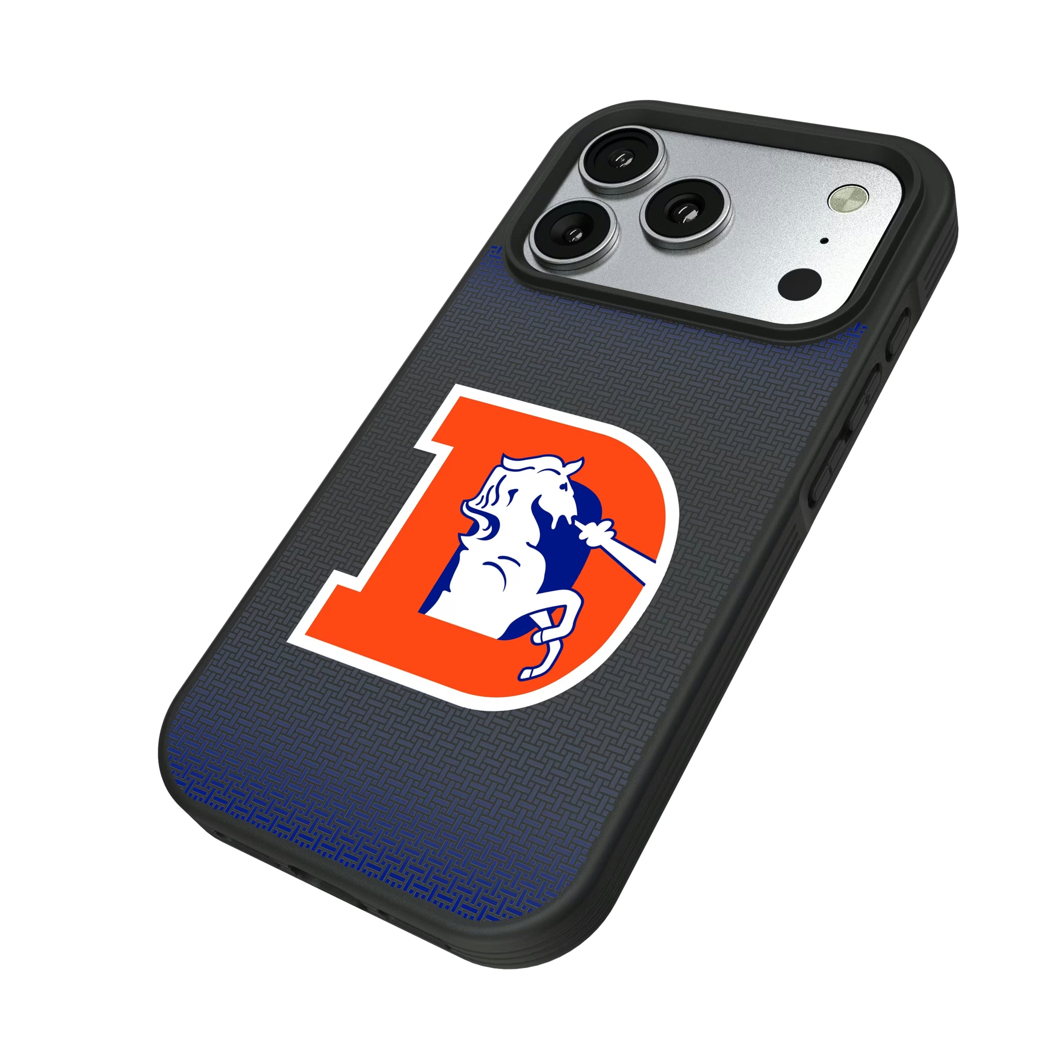Denver Broncos 1993-1996 Historic Collection Linen iPhone Bump Phone Case for Apple iPhone - Isometric View#Device_iPhone 17 Pro