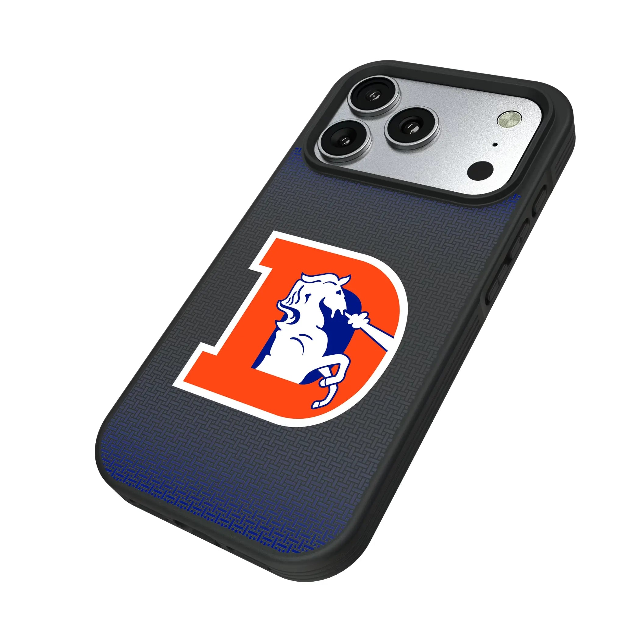 Denver Broncos 1993-1996 Historic Collection Linen iPhone Bump Phone Case for Apple iPhone - Isometric View#Device_iPhone 17 Pro