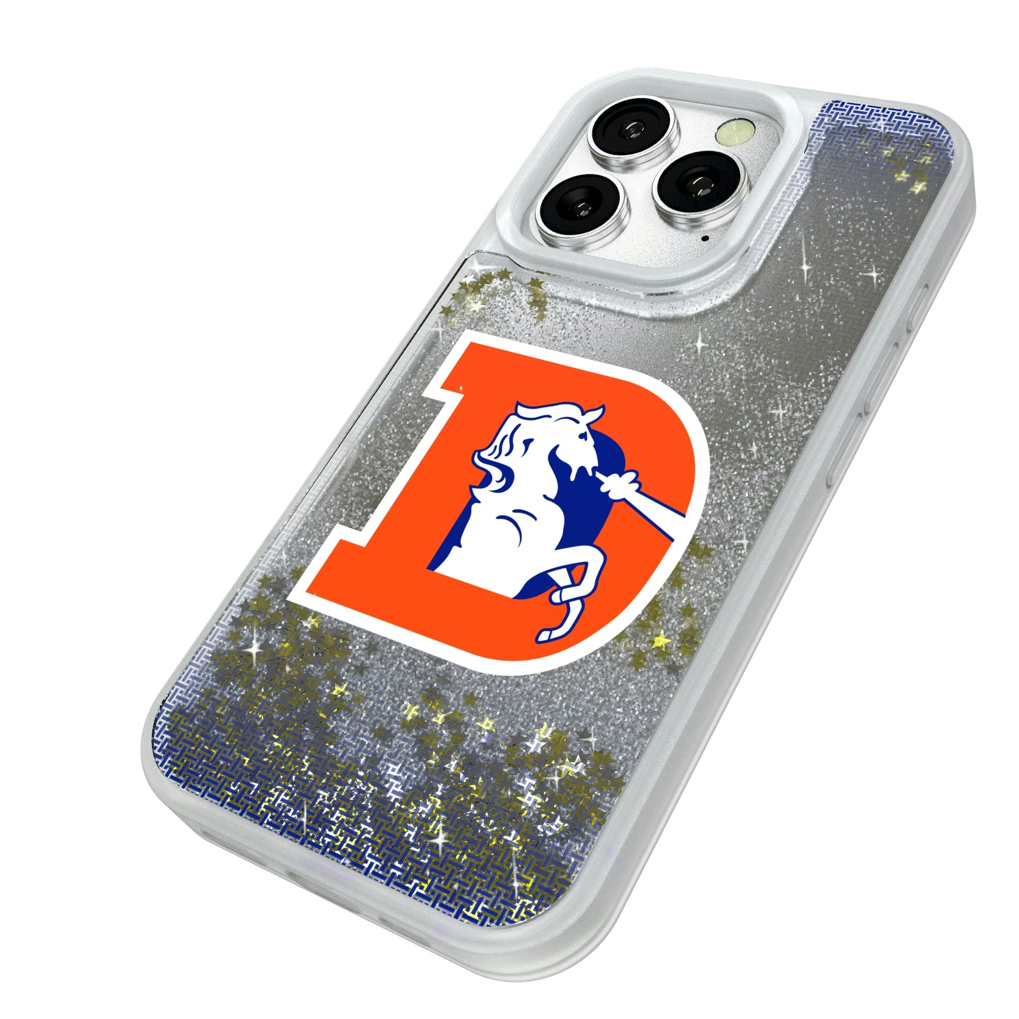 Denver Broncos 1993-1996 Historic Collection Linen iPhone Glitter Phone Case for Apple iPhone - Isometric View#Device_iPhone 16 Pro