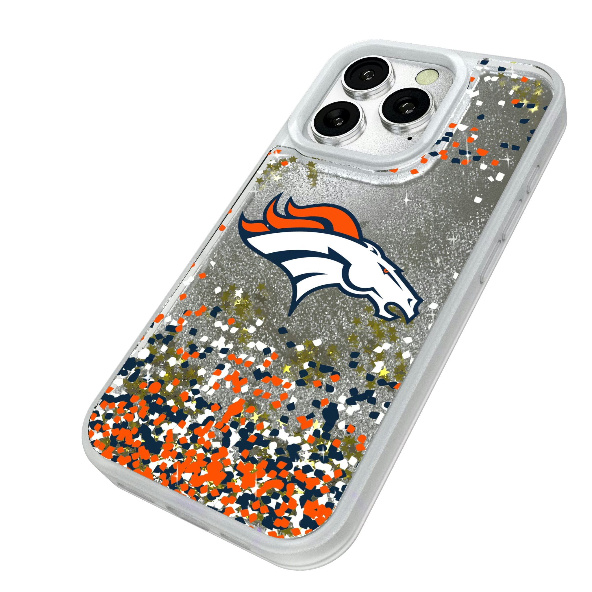 Denver Broncos Confetti iPhone Glitter Phone Case for Apple iPhone - Isometric View#Device_iPhone 16 Pro