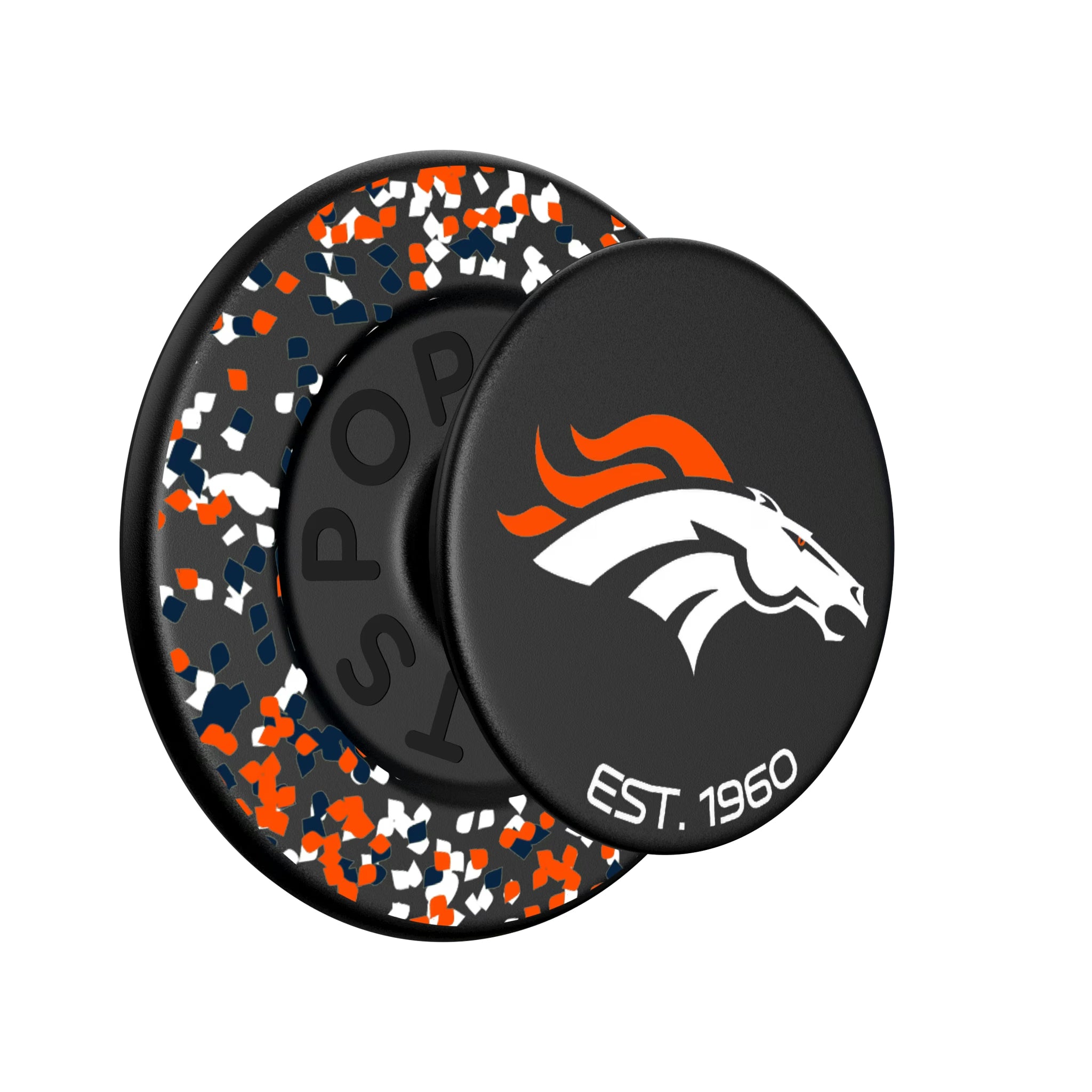 Denver Broncos Confetti Popsockets Round Magnetic - Isometric View