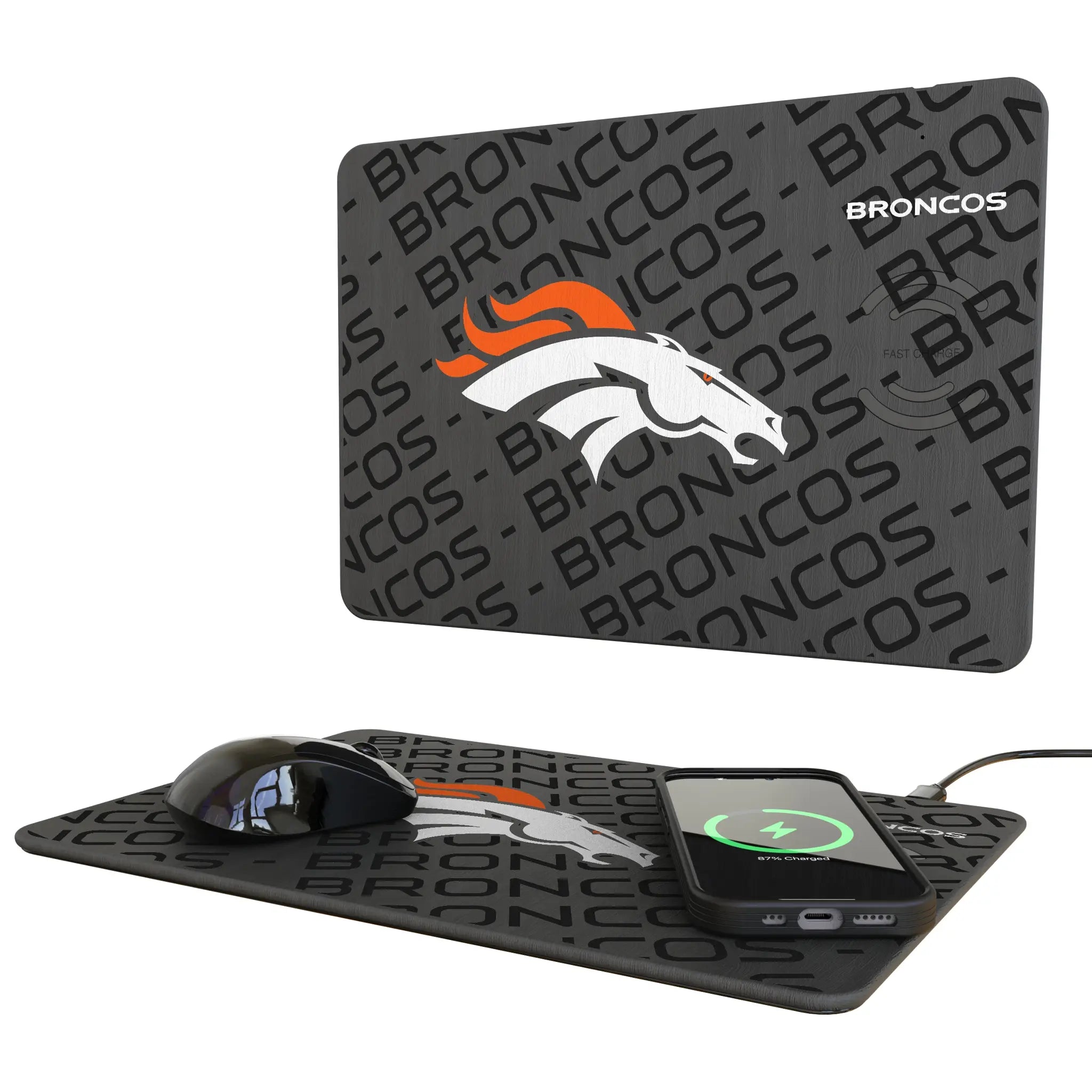 Denver Broncos Monocolor Tilt 15-Watt Wireless Charger and Mouse Pad