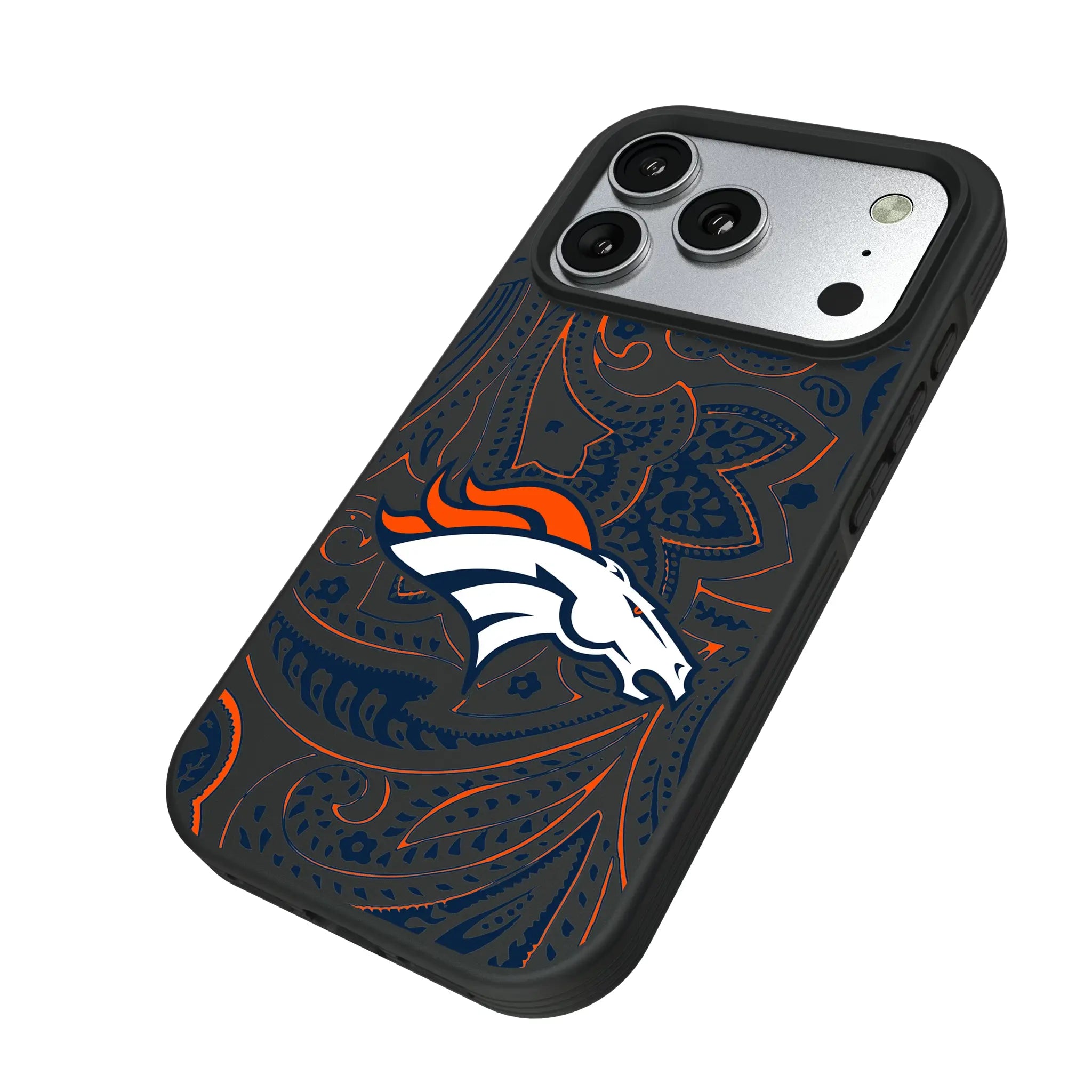 Denver Broncos Paisley iPhone Bump Phone Case for Apple iPhone - Isometric View#Device_iPhone 17 Pro