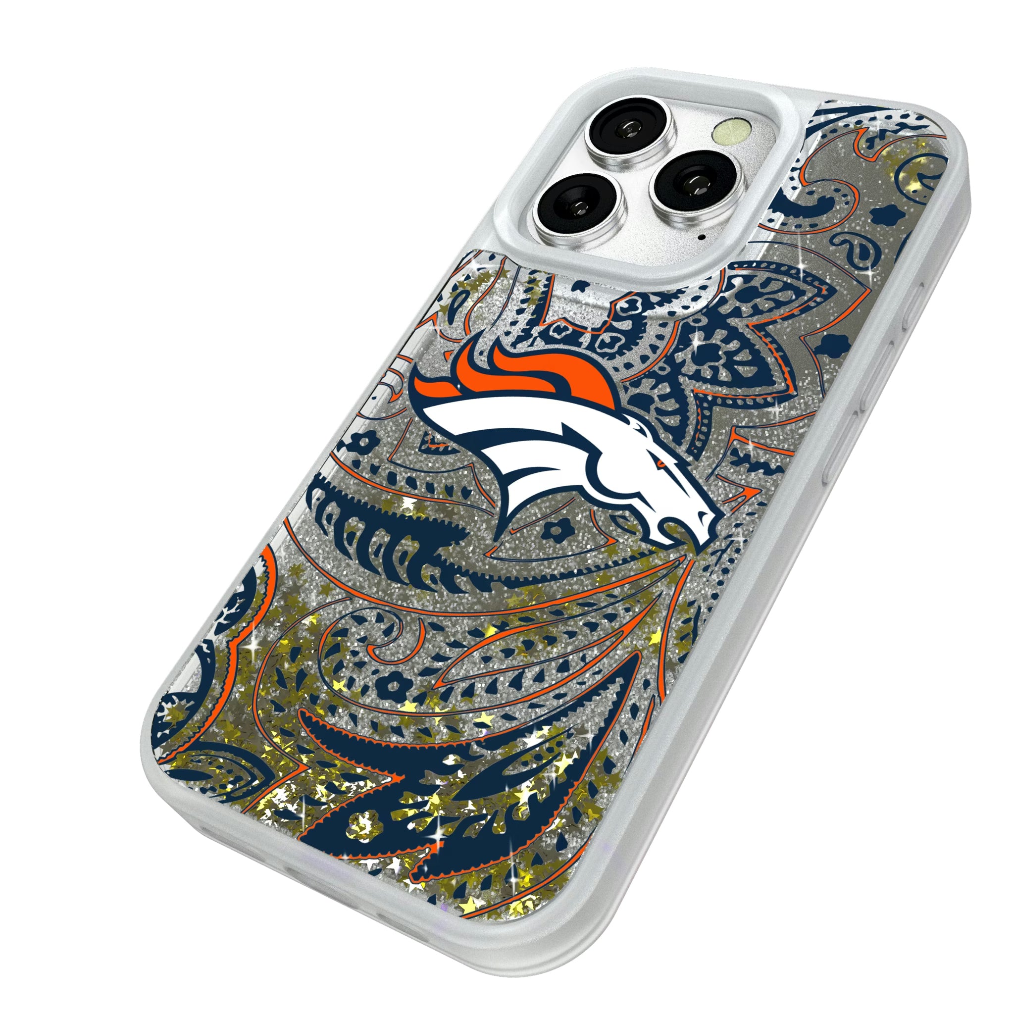 Denver Broncos Paisley iPhone Glitter Phone Case for Apple iPhone - Isometric View#Device_iPhone 16 Pro
