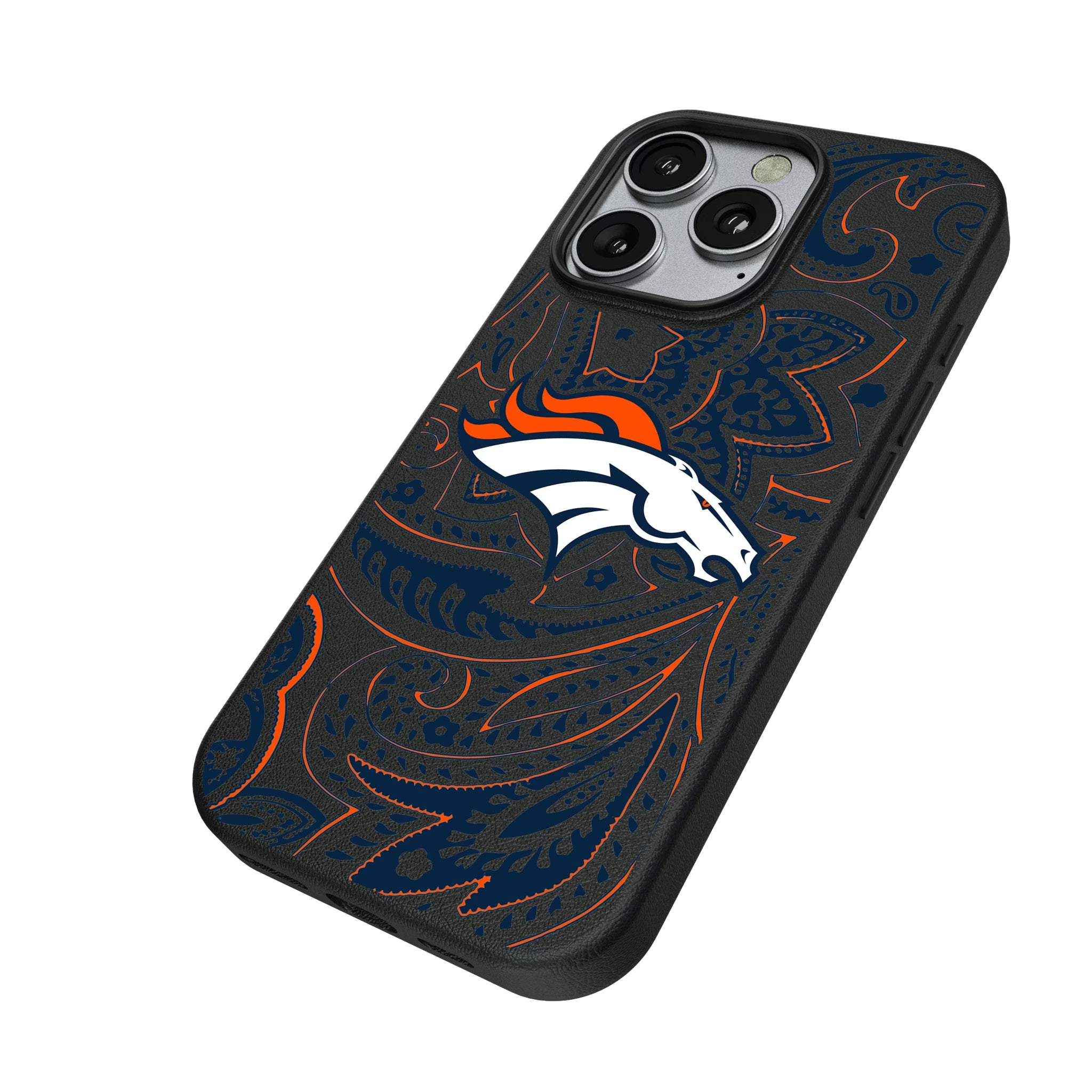 Denver Broncos Paisley iPhone MagSafe Compatible Phone Case for Apple iPhone - Isometric View