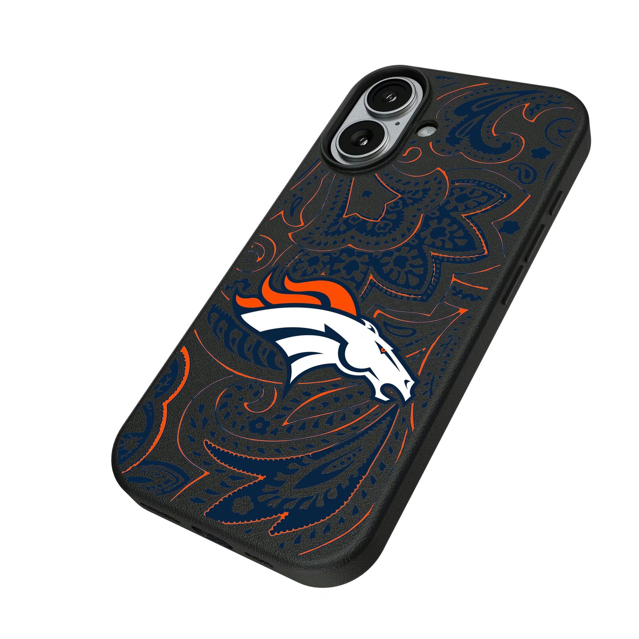 Denver Broncos Paisley iPhone MagSafe Compatible Phone Case for Apple iPhone - Isometric View#Device_iPhone 17