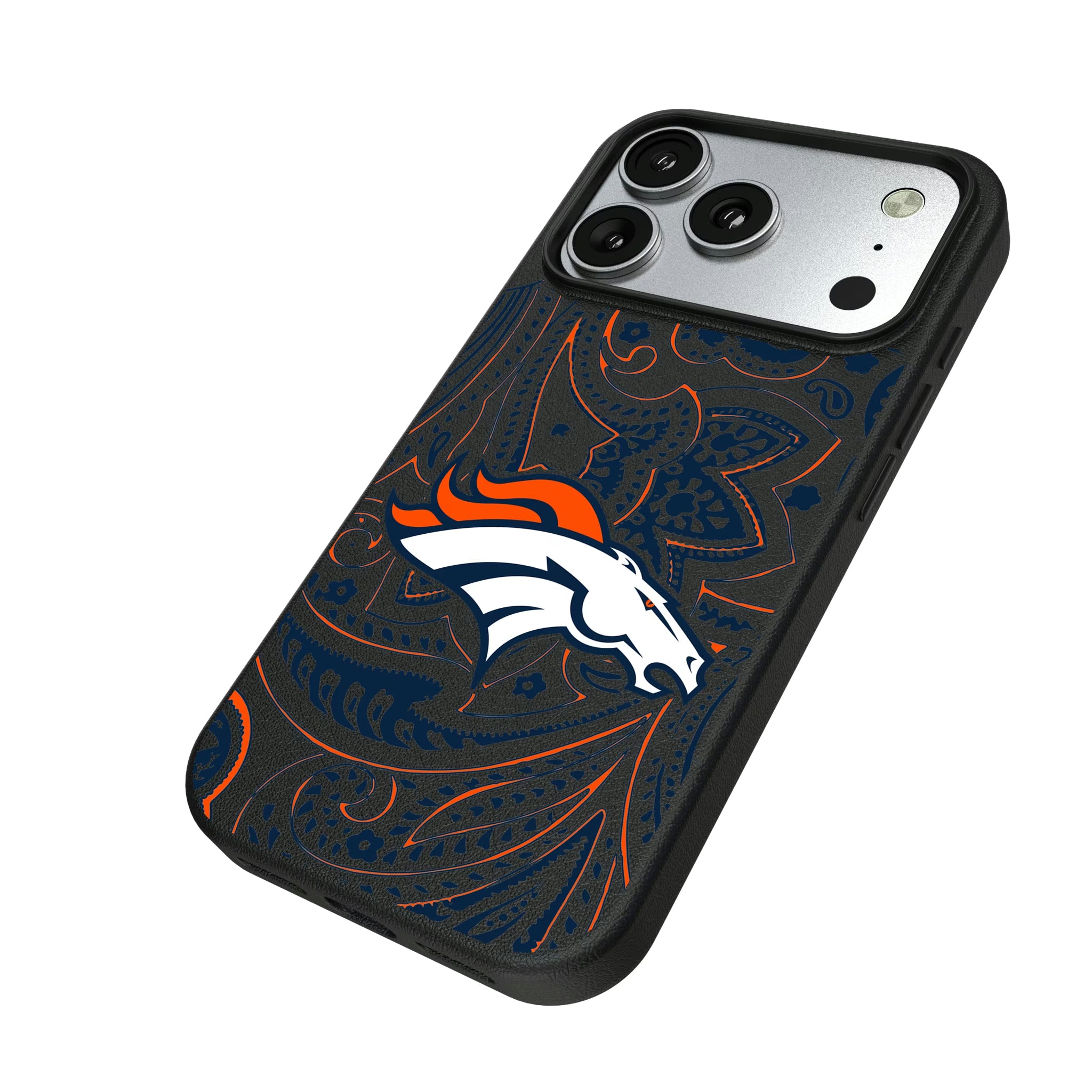 Denver Broncos Paisley iPhone MagSafe Compatible Phone Case for Apple iPhone - Isometric View#Device_iPhone 17 Pro