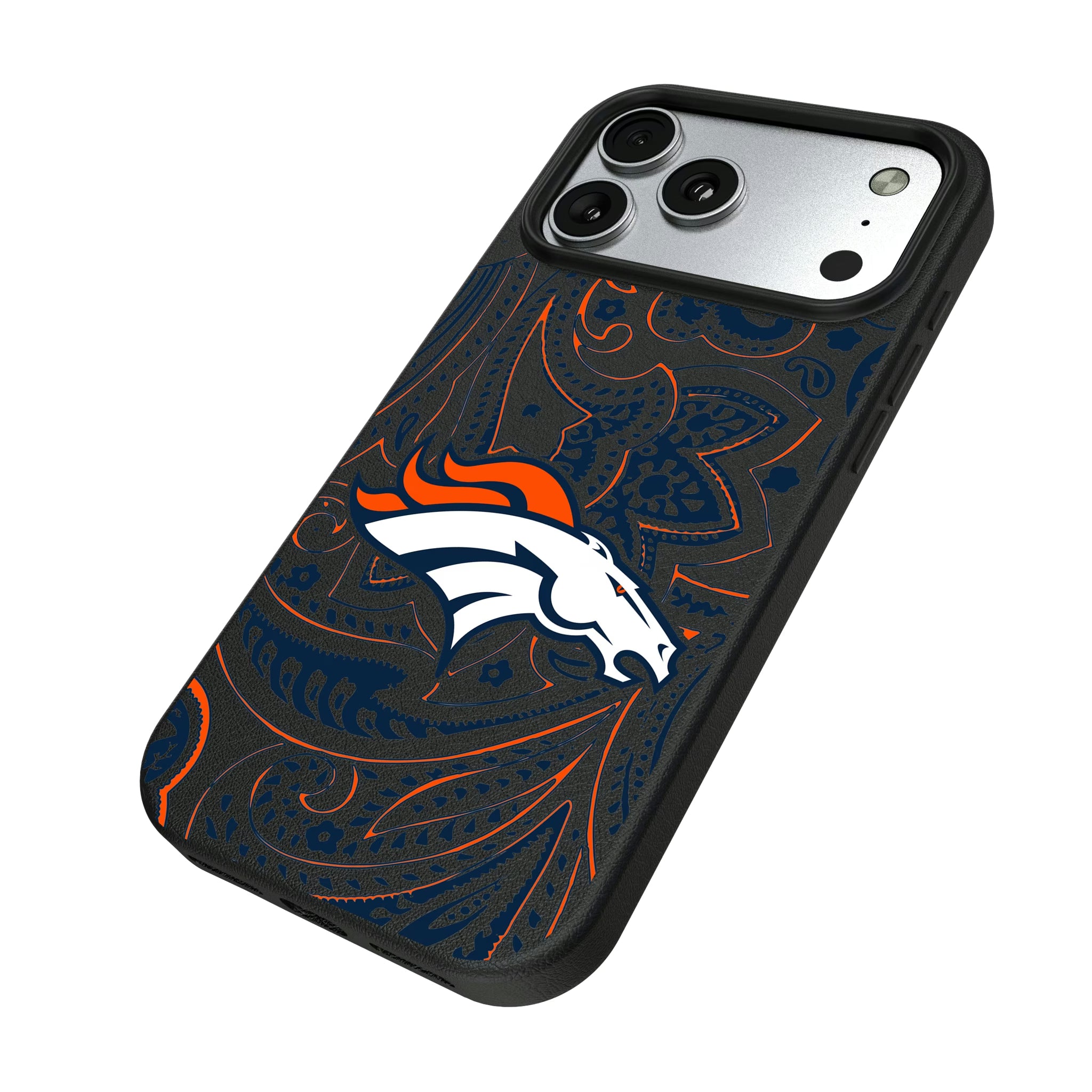 Denver Broncos Paisley iPhone MagSafe Compatible Phone Case for Apple iPhone - Isometric View#Device_iPhone 17 Pro Max
