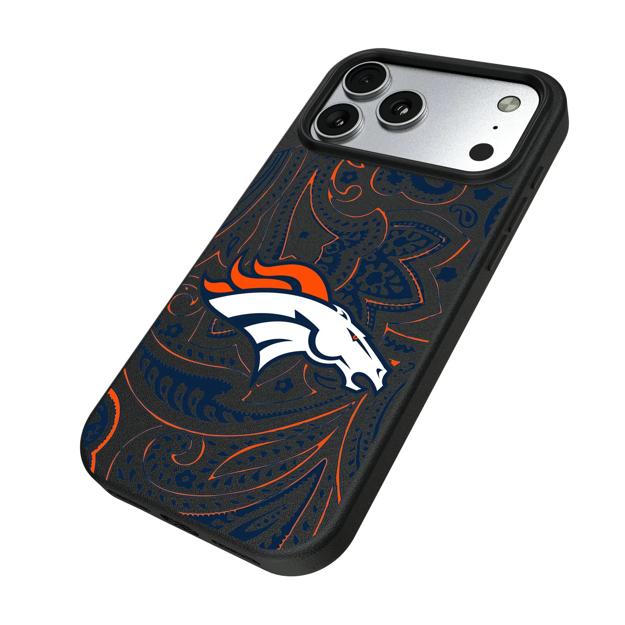 Denver Broncos Paisley iPhone MagSafe Compatible Phone Case for Apple iPhone - Isometric View#Device_iPhone 17 Pro Max