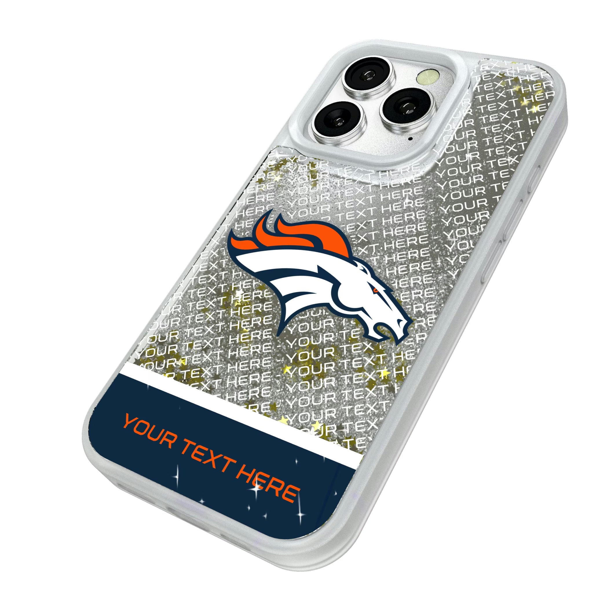 Denver Broncos Personalized EndZone Plus iPhone Glitter Phone Case for Apple iPhone - Isometric View#Device_iPhone 16 Pro