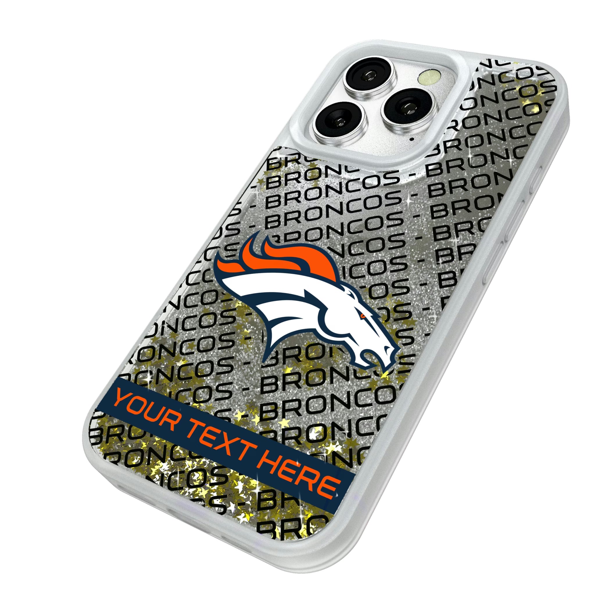 Denver Broncos Personalized Tilt iPhone Glitter Phone Case for Apple iPhone - Isometric View#Device_iPhone 16 Pro