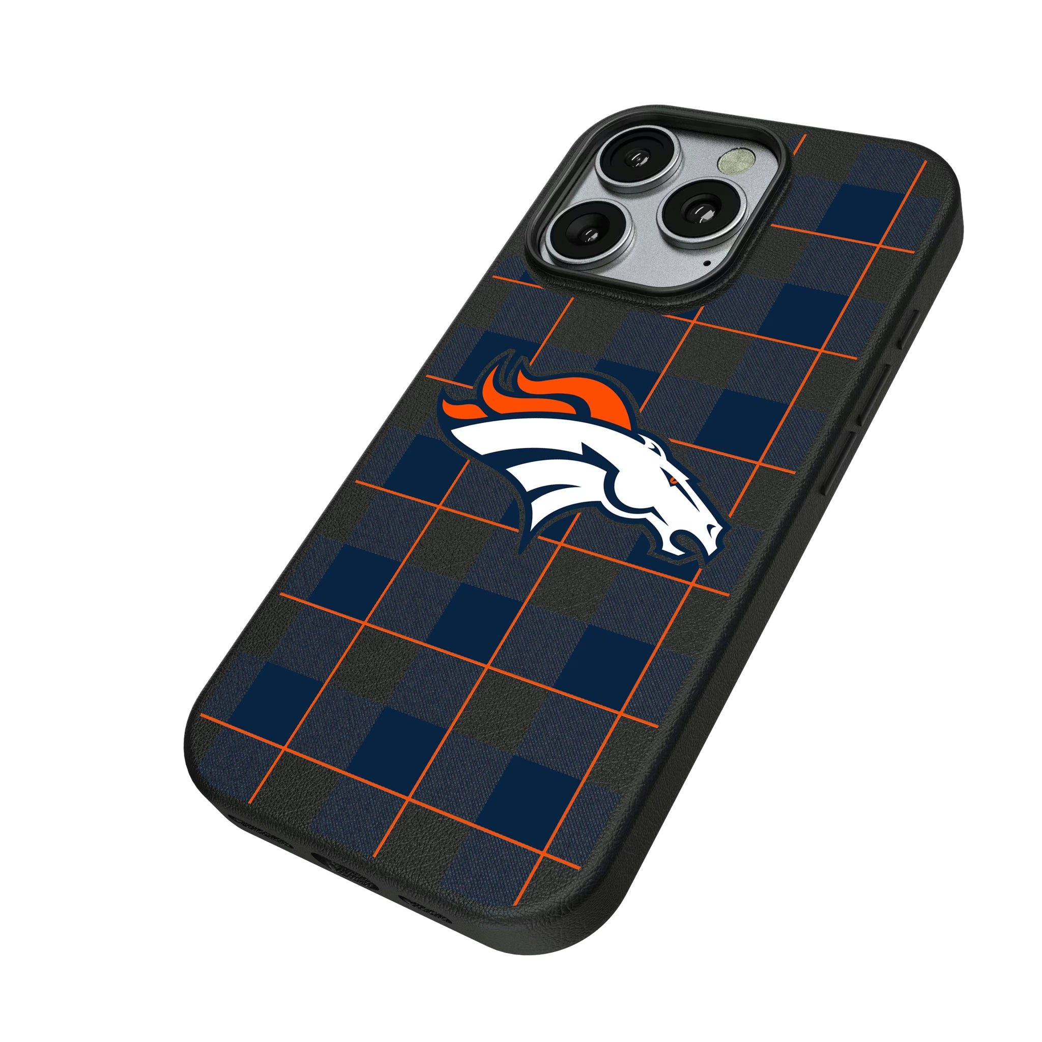 Denver Broncos Plaid iPhone MagSafe Compatible Phone Case for Apple iPhone - Isometric View
