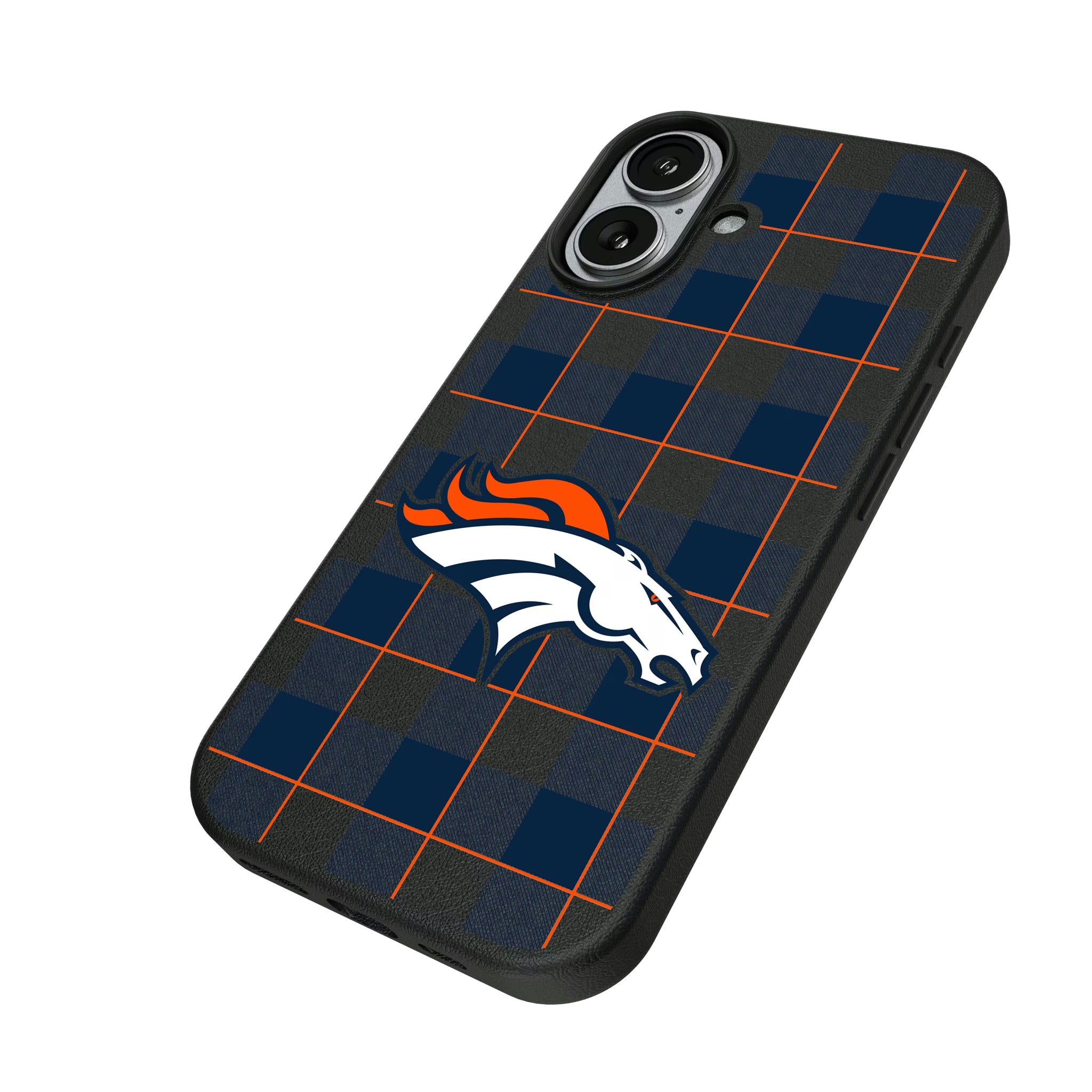Denver Broncos Plaid iPhone MagSafe Compatible Phone Case for Apple iPhone - Isometric View#Device_iPhone 17