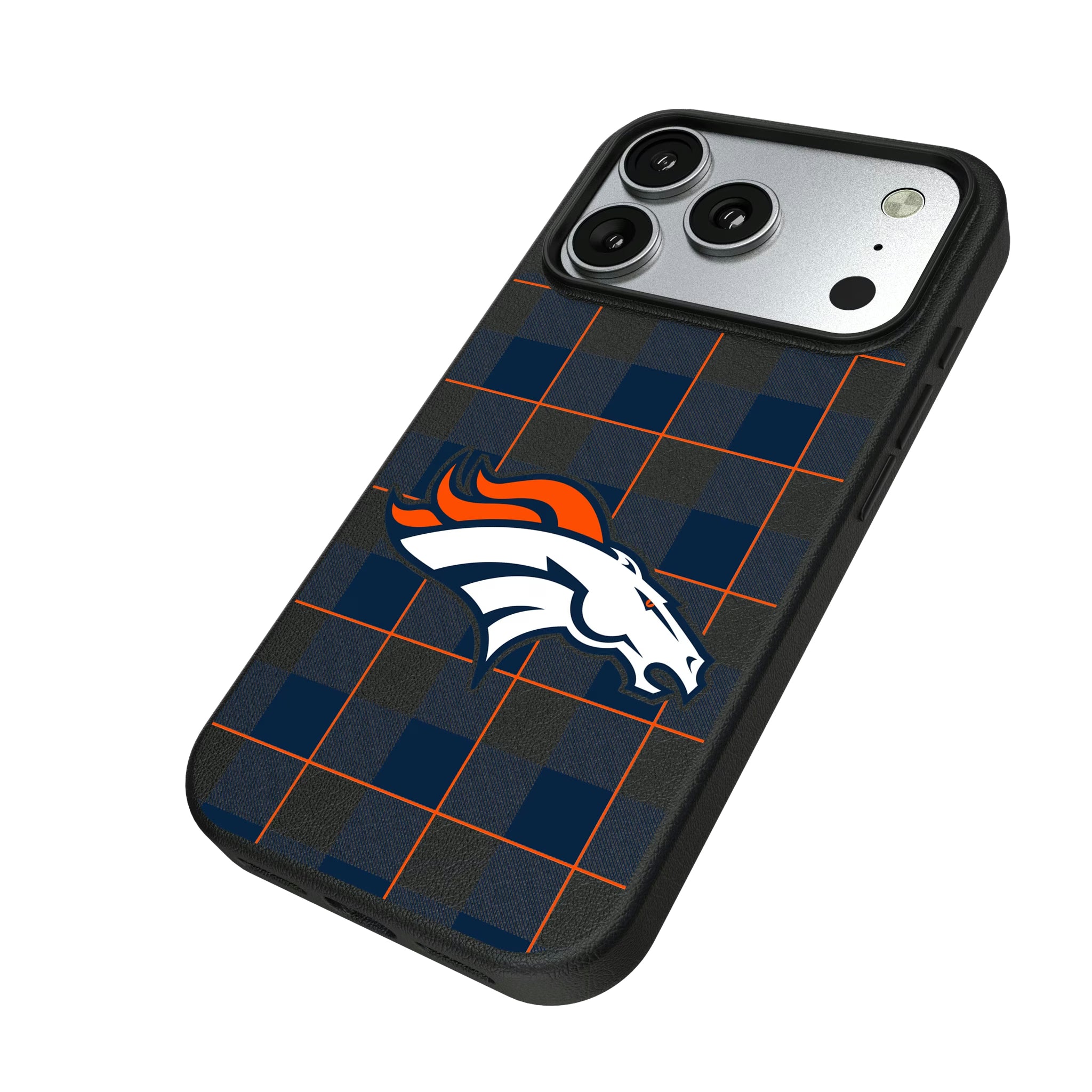 Denver Broncos Plaid iPhone MagSafe Compatible Phone Case for Apple iPhone - Isometric View#Device_iPhone 17 Pro