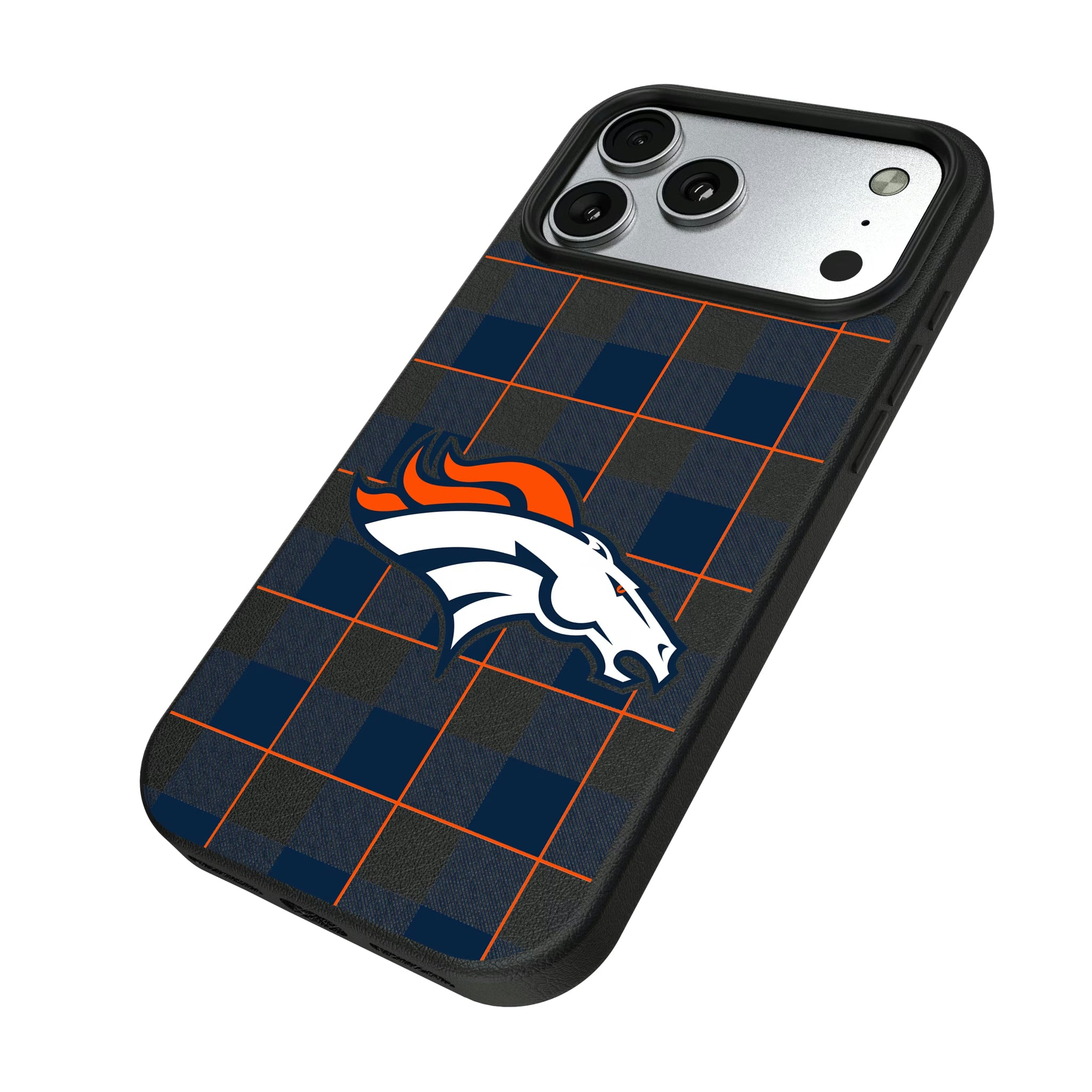 Denver Broncos Plaid iPhone MagSafe Compatible Phone Case for Apple iPhone - Isometric View#Device_iPhone 17 Pro Max