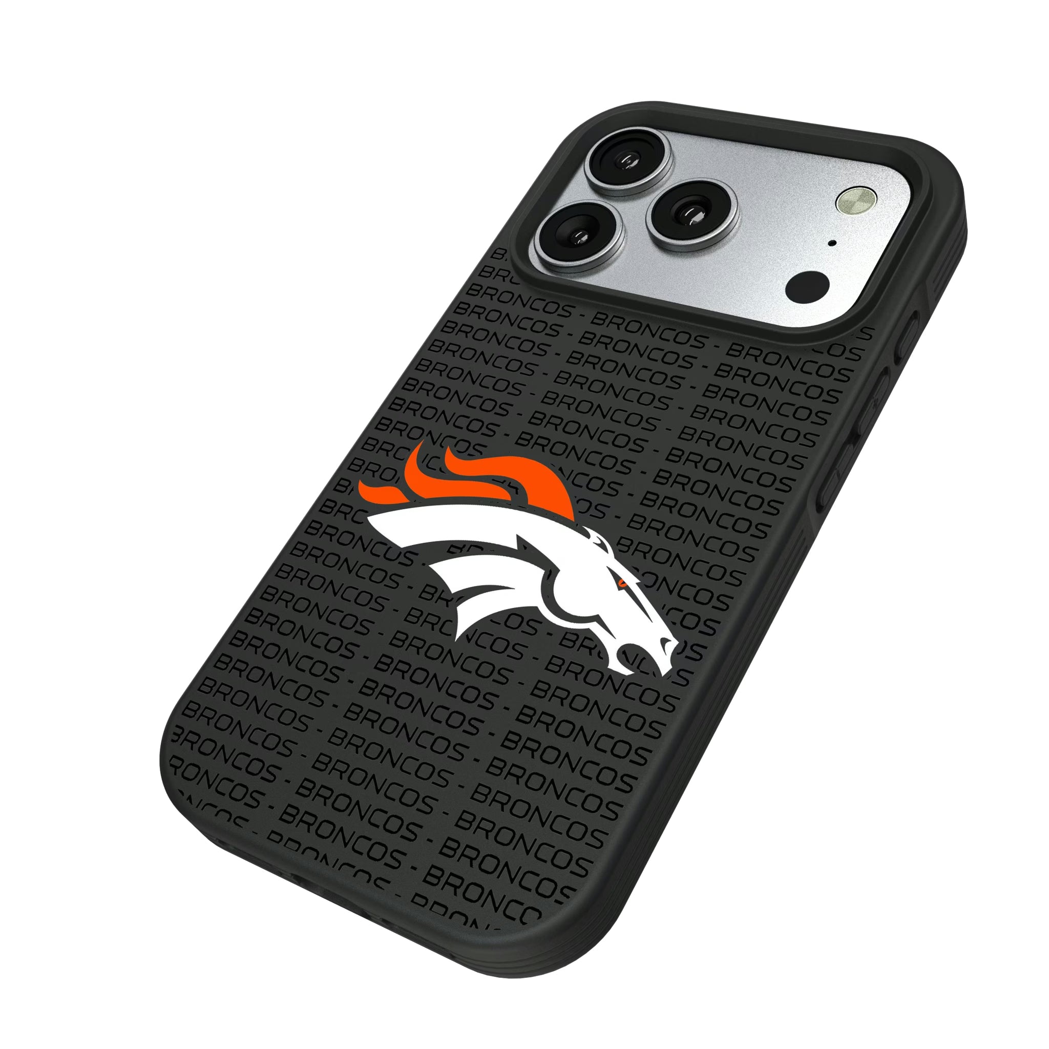 Denver Broncos Text Backdrop iPhone Bump Phone Case for Apple iPhone - Isometric View#Device_iPhone 17 Pro