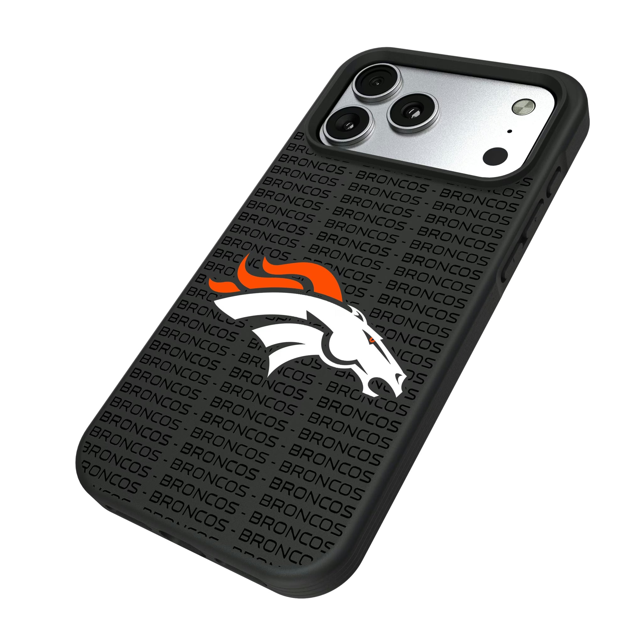 Denver Broncos Text Backdrop iPhone Bump Phone Case for Apple iPhone - Isometric View#Device_iPhone 17 Pro Max