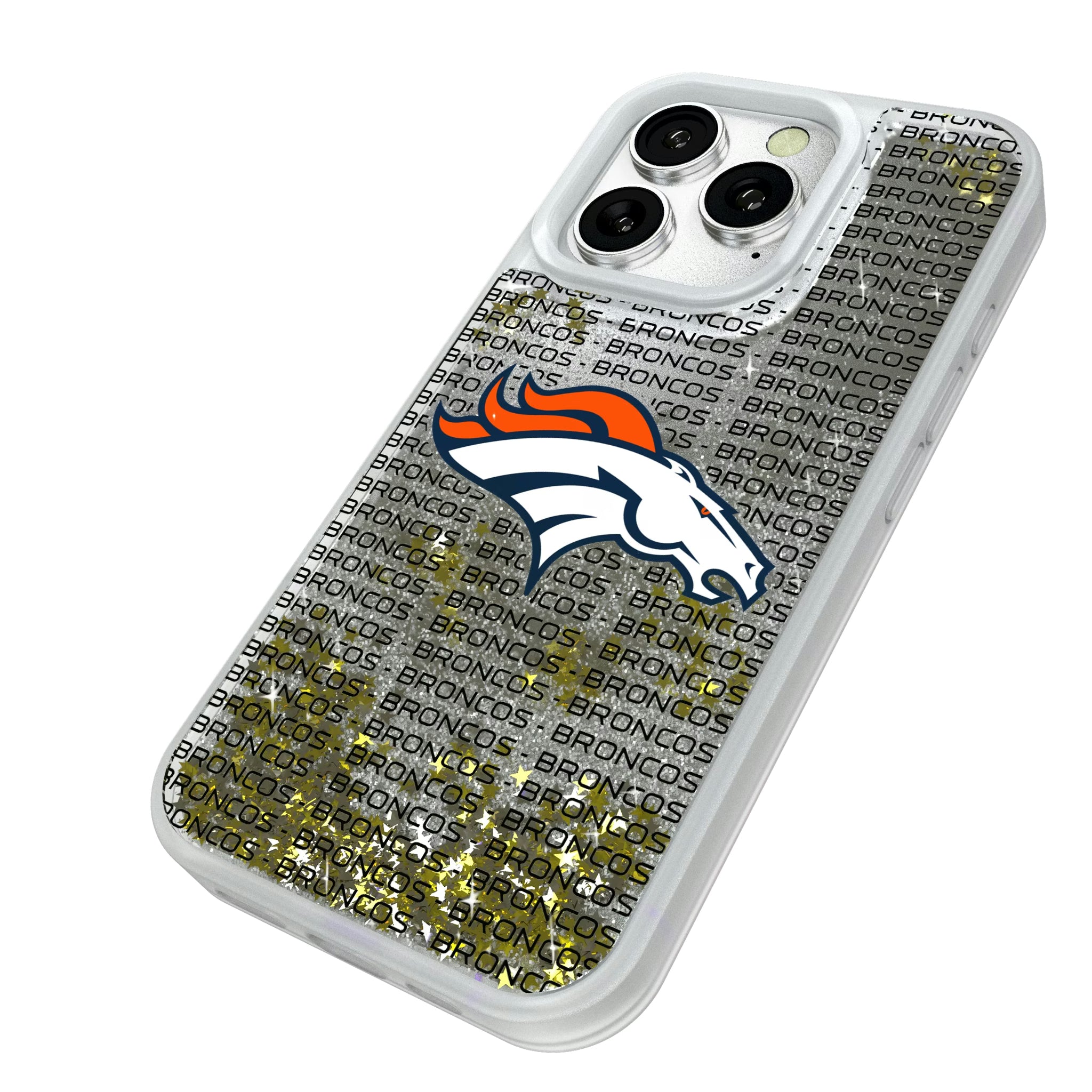 Denver Broncos Text Backdrop iPhone Glitter Phone Case for Apple iPhone - Isometric View#Device_iPhone 16 Pro