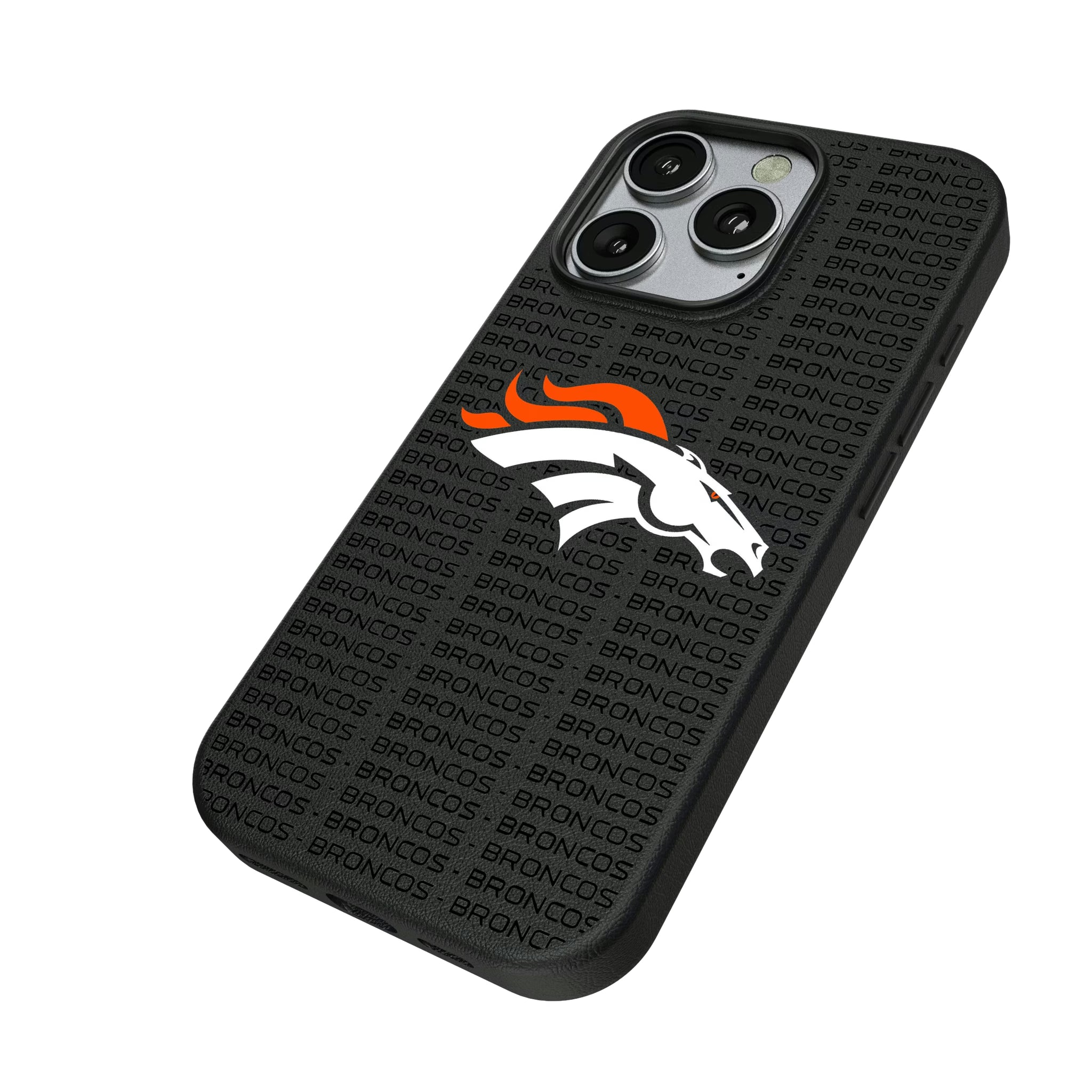 Denver Broncos Text Backdrop iPhone MagSafe Compatible Phone Case for Apple iPhone - Isometric View