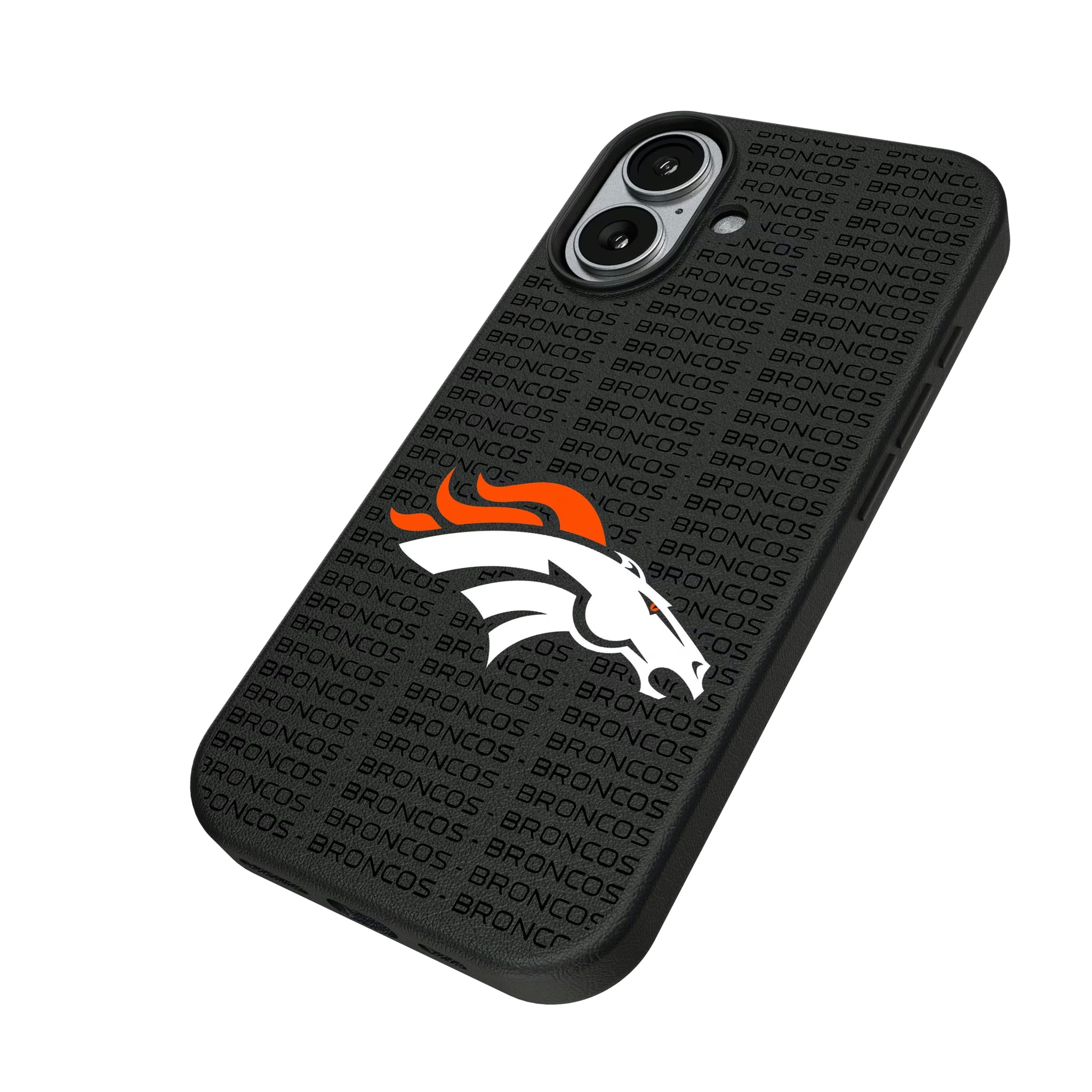 Denver Broncos Text Backdrop iPhone MagSafe Compatible Phone Case for Apple iPhone - Isometric View#Device_iPhone 17