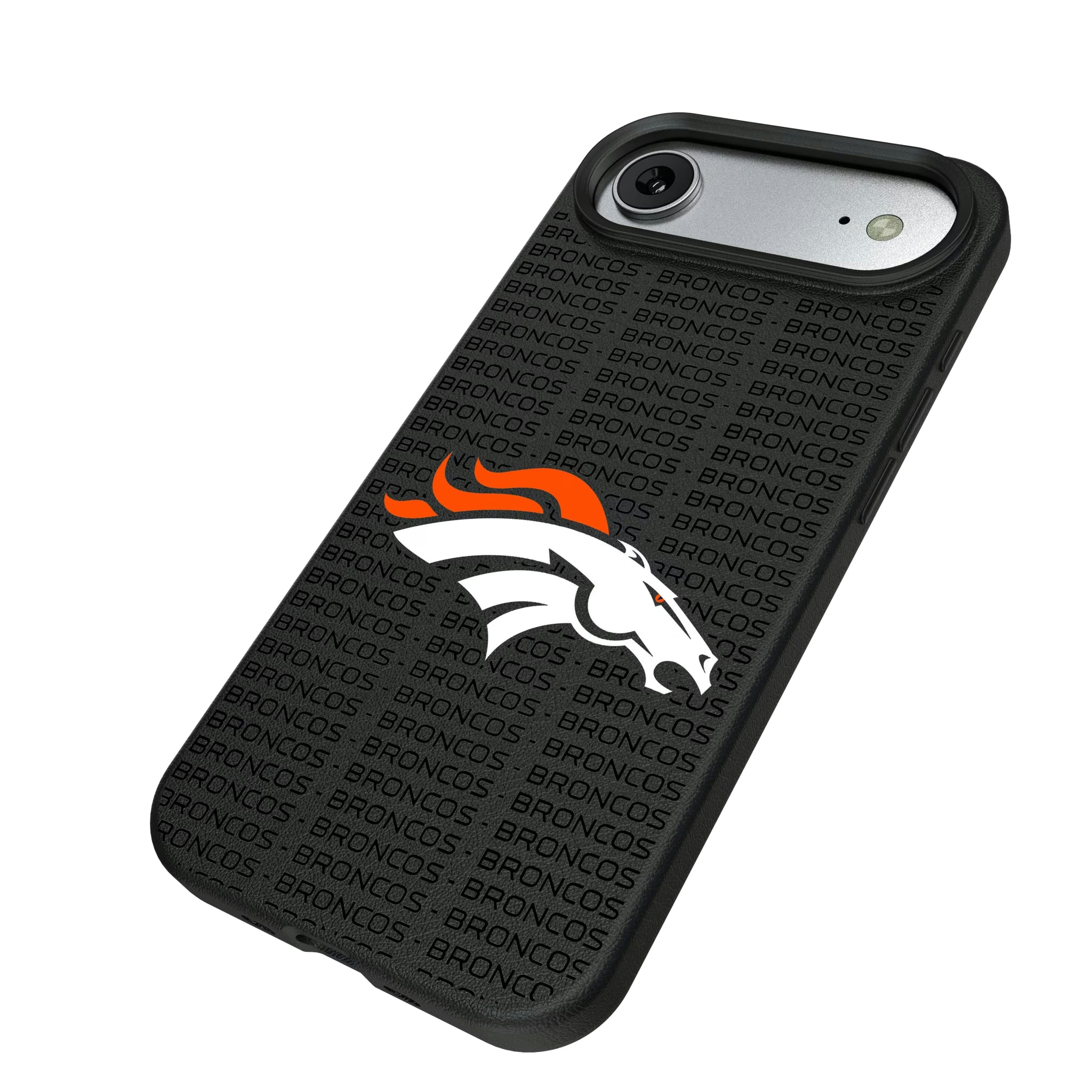 Denver Broncos Text Backdrop iPhone MagSafe Compatible Phone Case for Apple iPhone - Isometric View#Device_iPhone Air