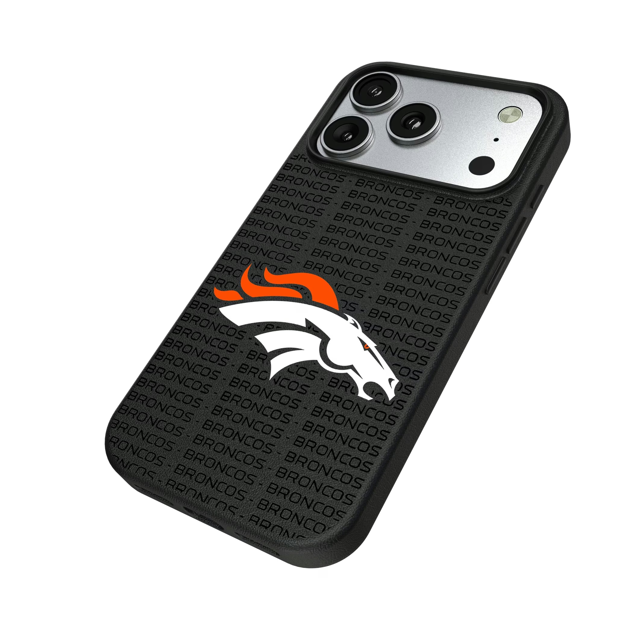 Denver Broncos Text Backdrop iPhone MagSafe Compatible Phone Case for Apple iPhone - Isometric View#Device_iPhone 17 Pro