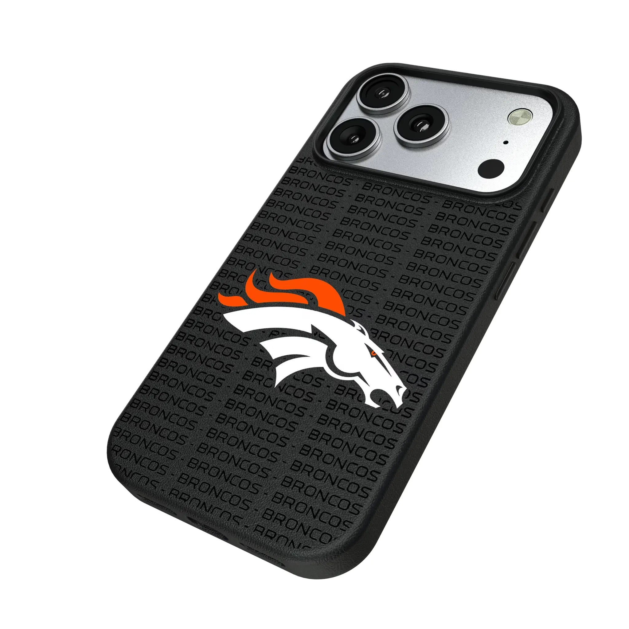 Denver Broncos Text Backdrop iPhone MagSafe Compatible Phone Case for Apple iPhone - Isometric View#Device_iPhone 17 Pro