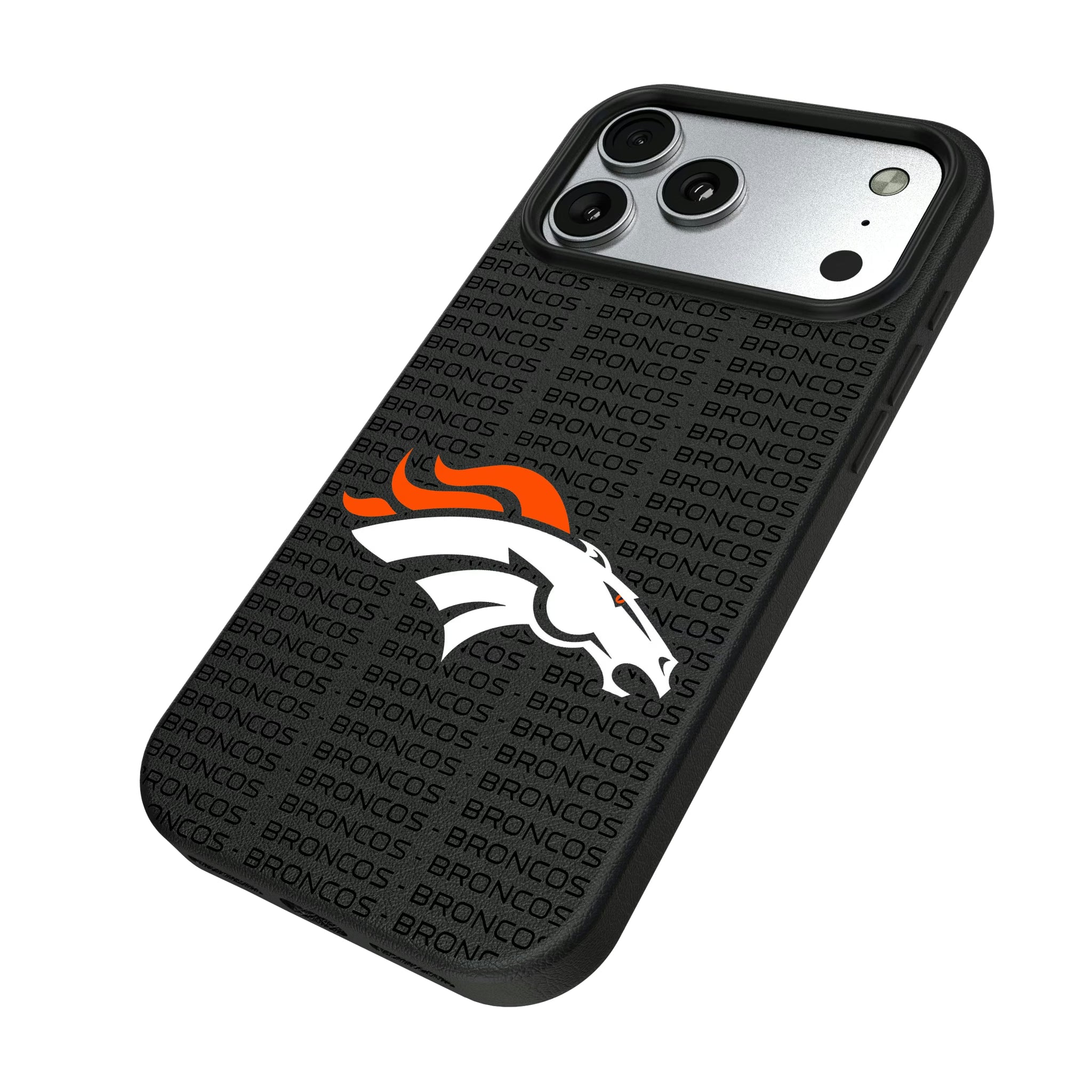 Denver Broncos Text Backdrop iPhone MagSafe Compatible Phone Case for Apple iPhone - Isometric View#Device_iPhone 17 Pro Max