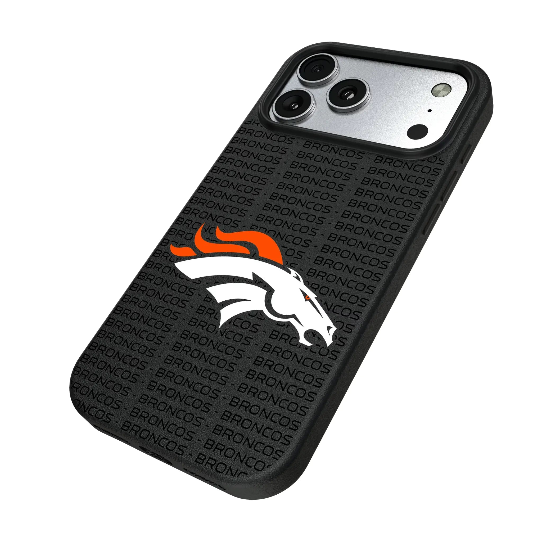 Denver Broncos Text Backdrop iPhone MagSafe Compatible Phone Case for Apple iPhone - Isometric View#Device_iPhone 17 Pro Max