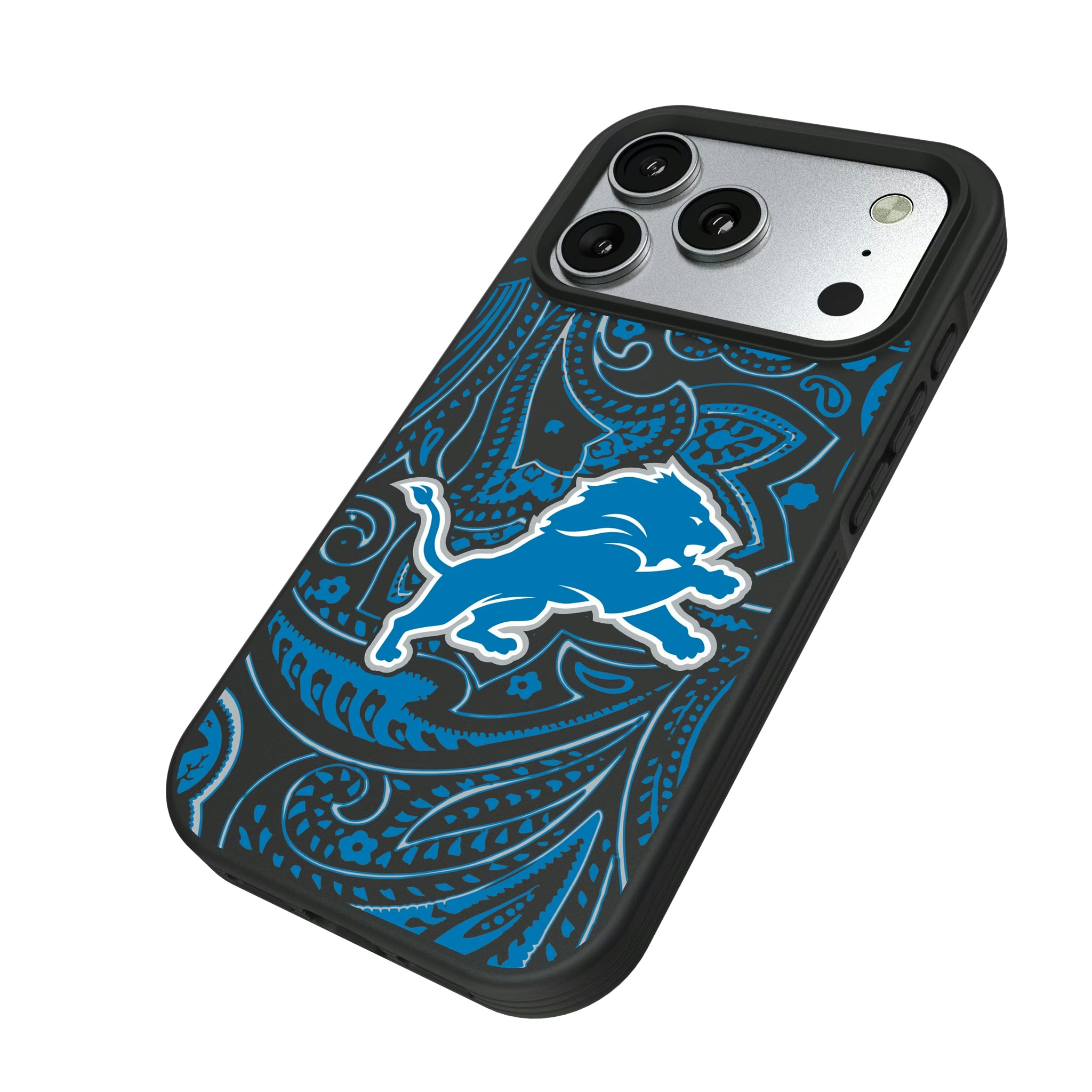 Detroit Lions Paisley iPhone Bump Phone Case for Apple iPhone - Isometric View#Device_iPhone 17 Pro