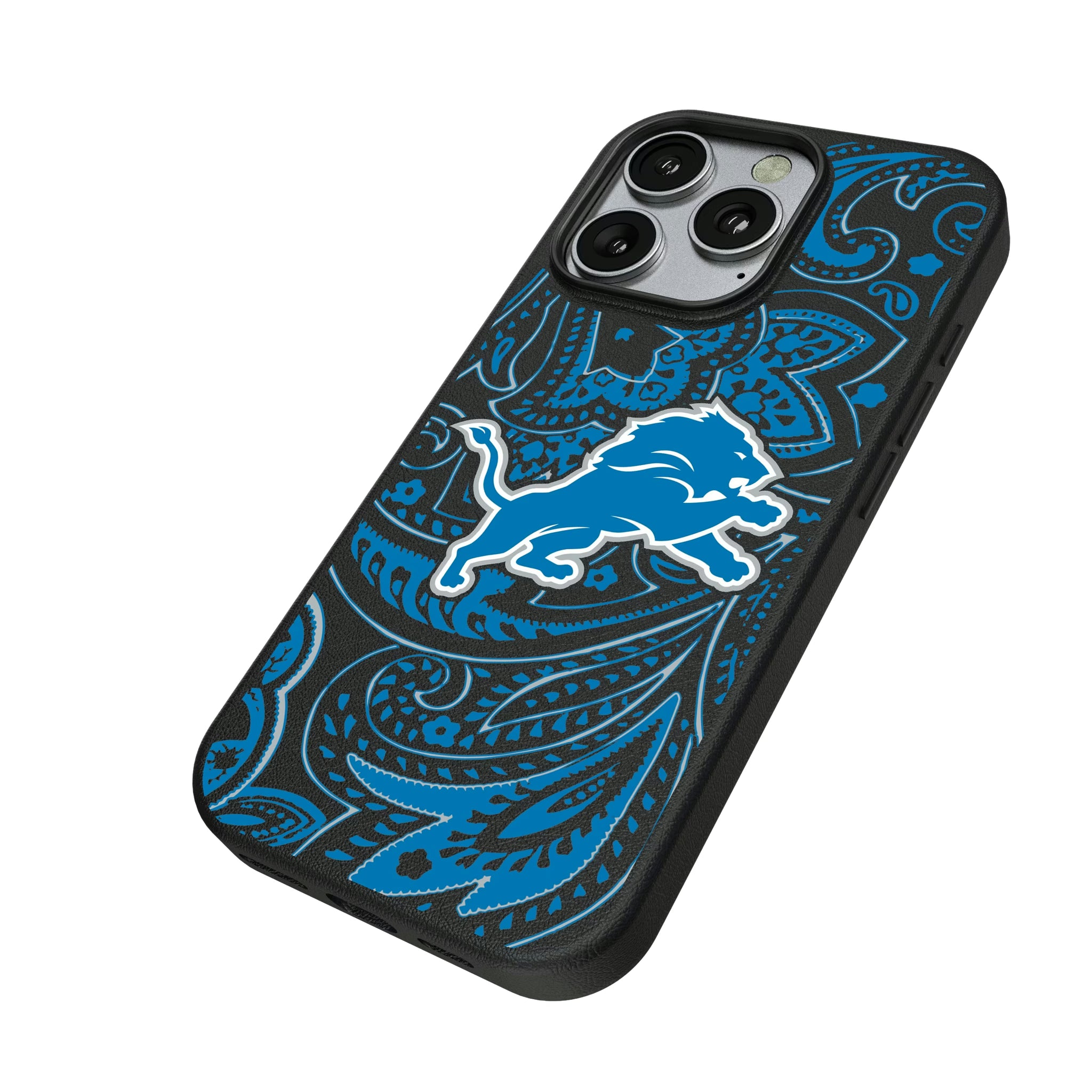 Detroit Lions Paisley iPhone MagSafe Compatible Phone Case for Apple iPhone - Isometric View