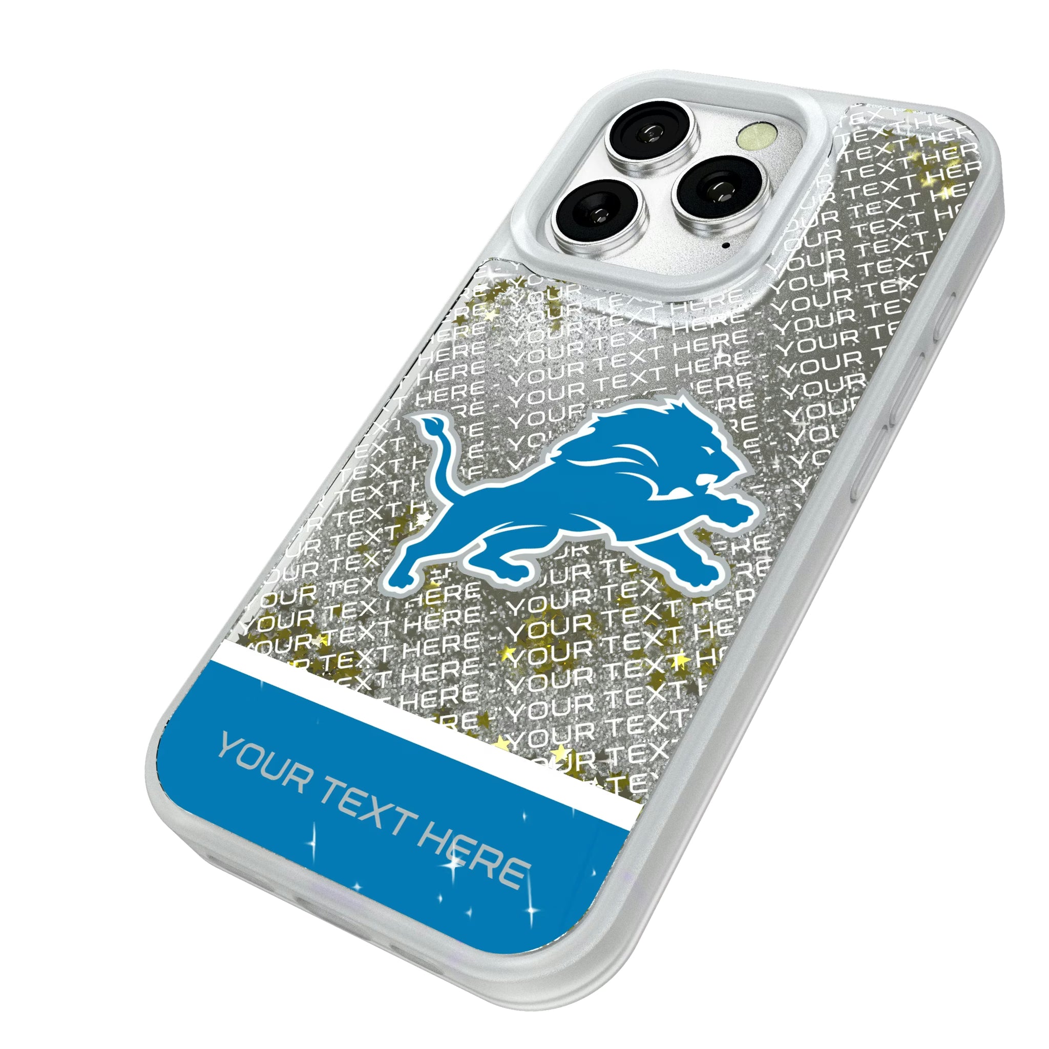 Detroit Lions Personalized EndZone Plus iPhone Glitter Phone Case for Apple iPhone - Isometric View#Device_iPhone 16 Pro