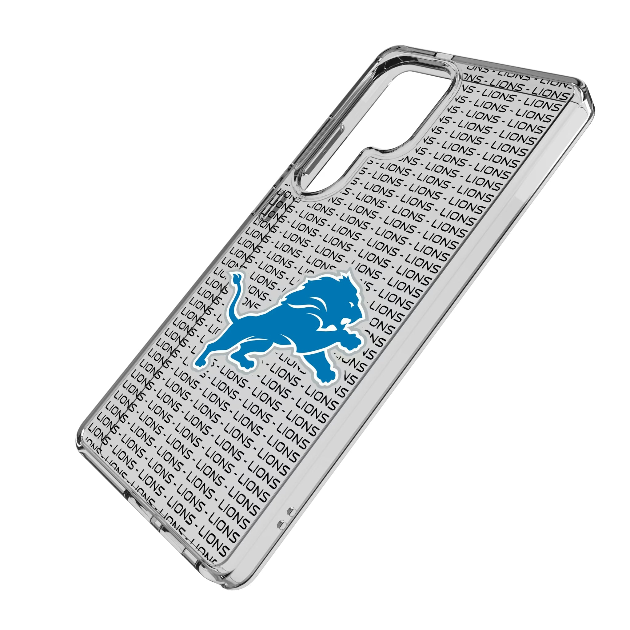 Detroit Lions Text Backdrop Galaxy Clear Phone Case for Samsung Galaxy - Isometric View