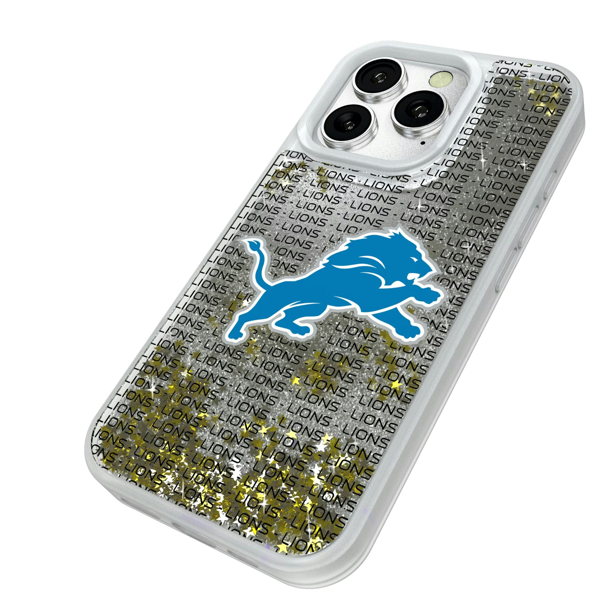 Detroit Lions Text Backdrop iPhone Glitter Phone Case for Apple iPhone - Isometric View#Device_iPhone 16 Pro