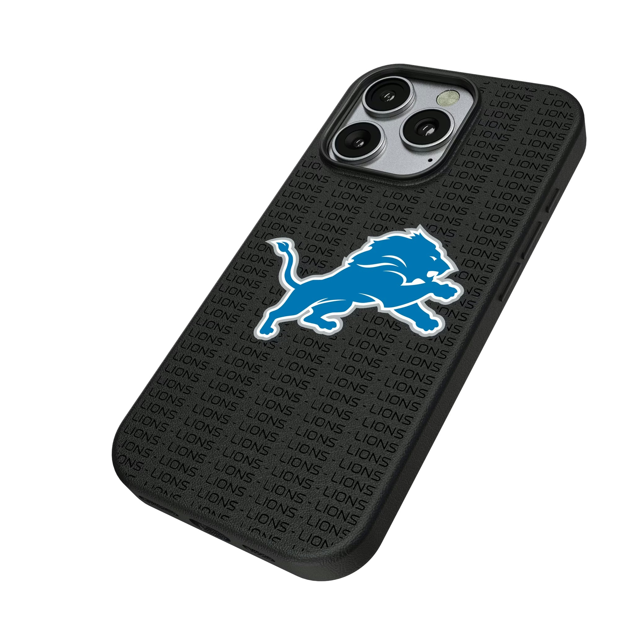 Detroit Lions Text Backdrop iPhone MagSafe Compatible Phone Case for Apple iPhone - Isometric View