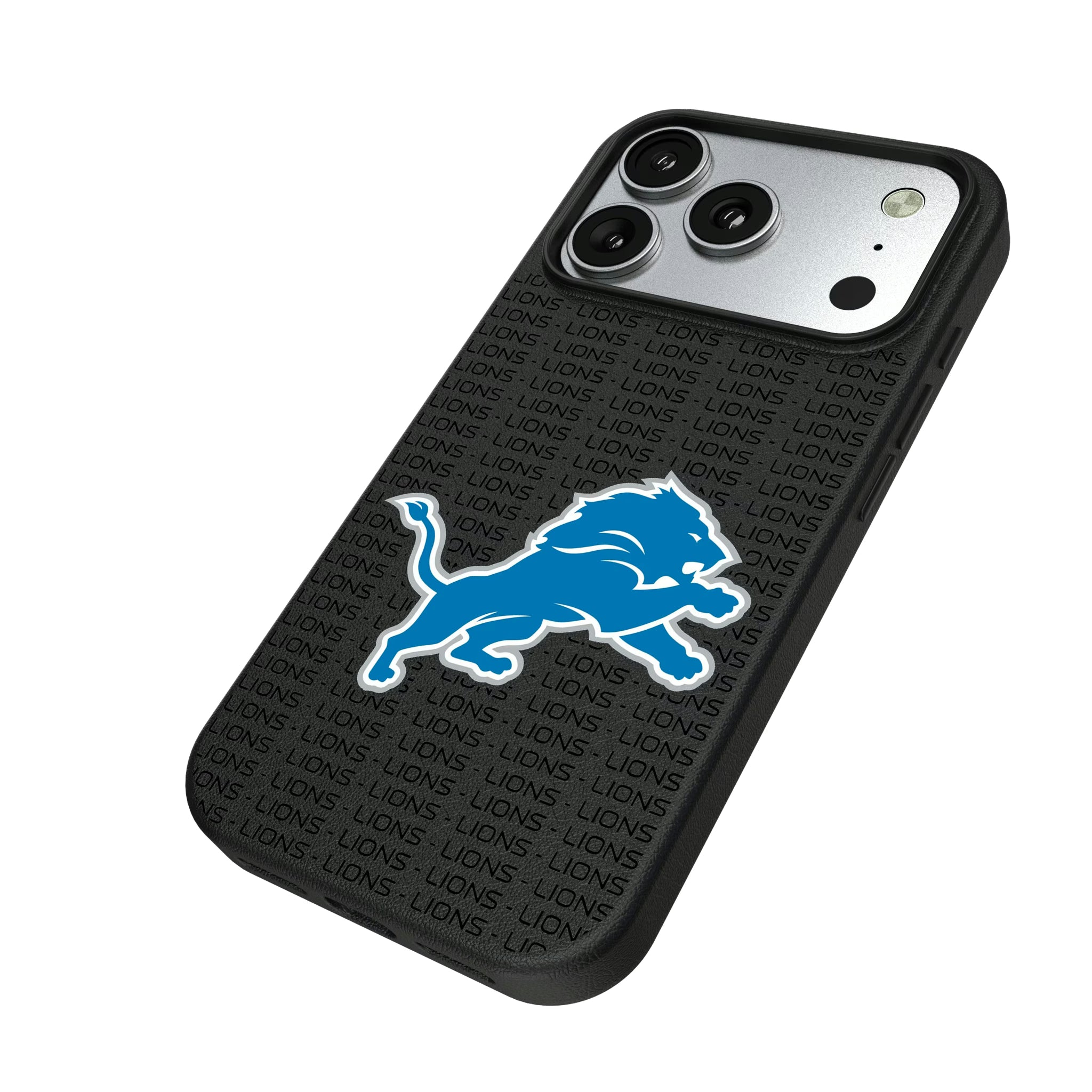 Detroit Lions Text Backdrop iPhone MagSafe Compatible Phone Case for Apple iPhone - Isometric View#Device_iPhone 17 Pro