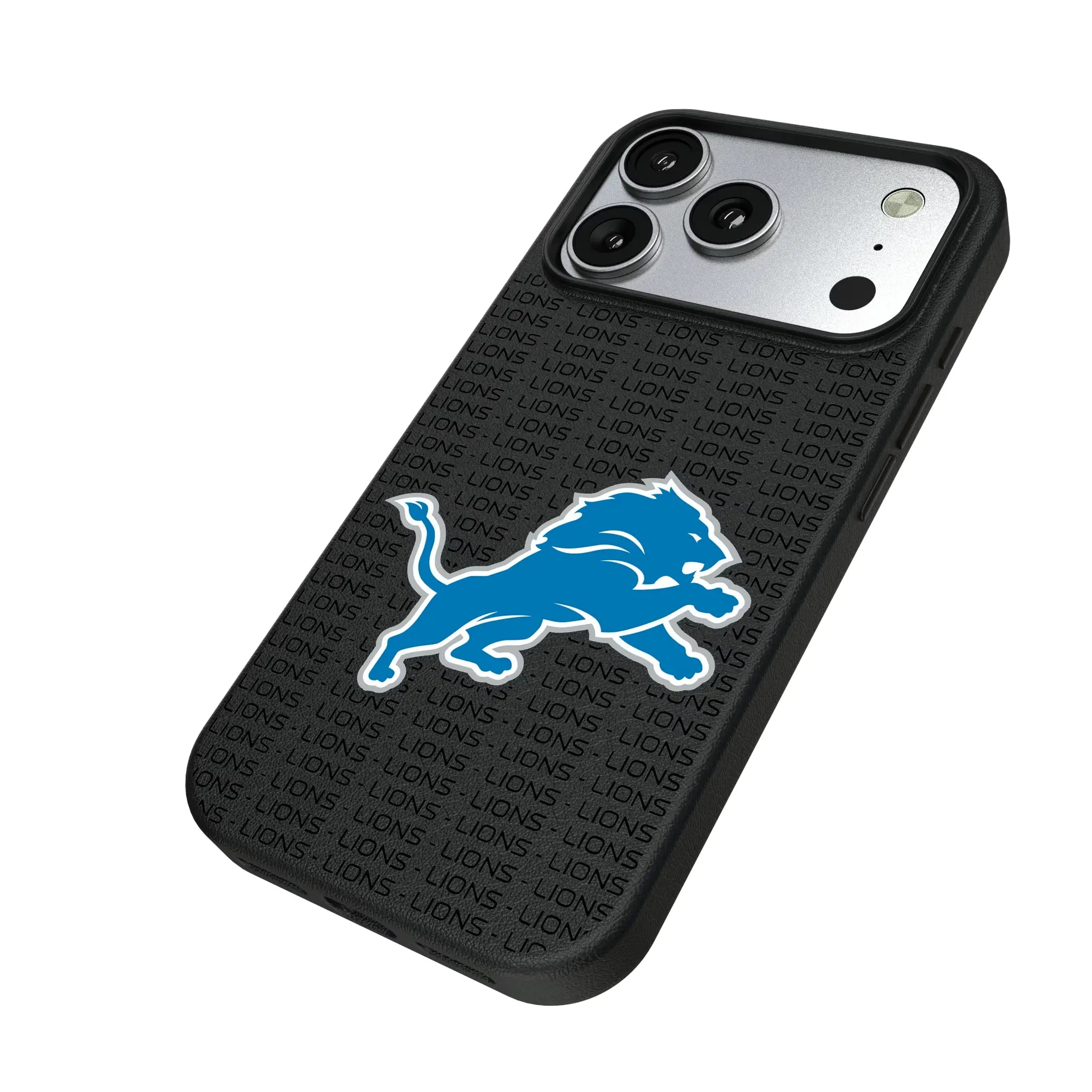 Detroit Lions Text Backdrop iPhone MagSafe Compatible Phone Case for Apple iPhone - Isometric View#Device_iPhone 17 Pro