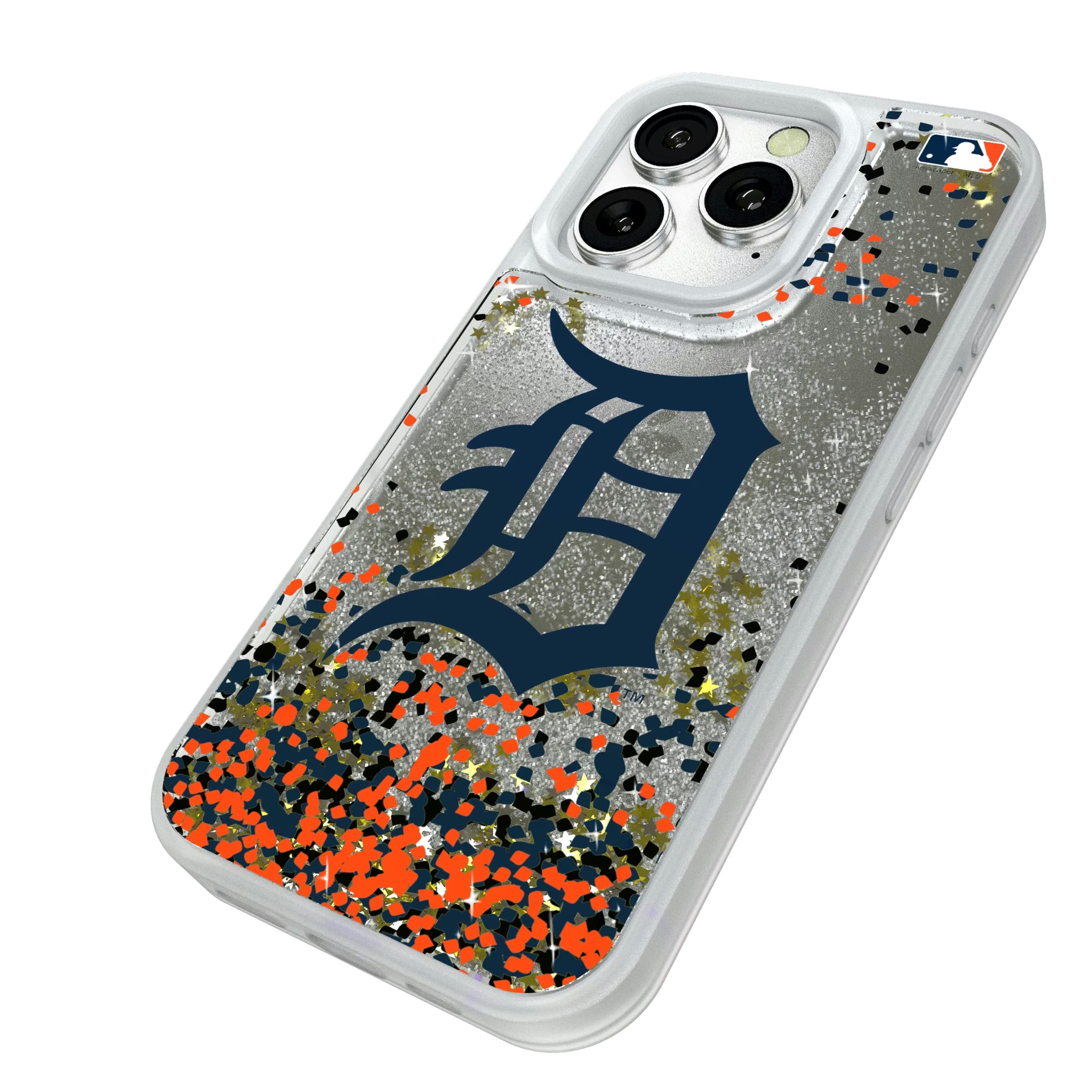 Detroit Tigers Confetti iPhone Glitter Phone Case for Apple iPhone - Isometric View#Device_iPhone 16 Pro