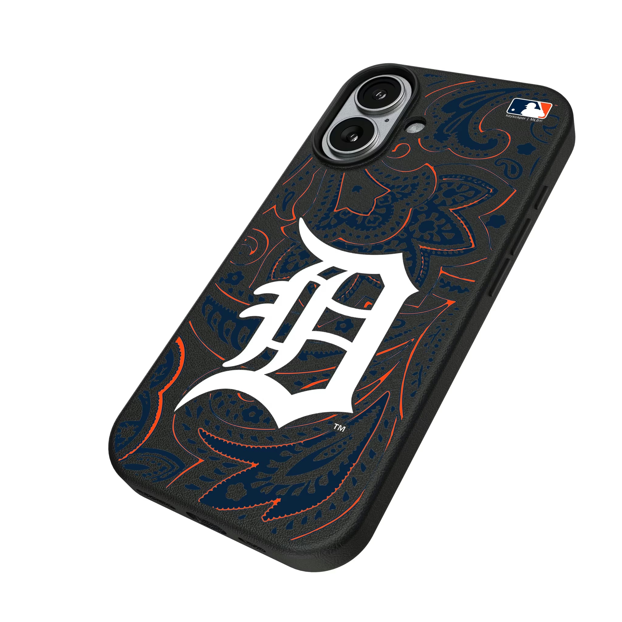 Detroit Tigers Paisley iPhone MagSafe Compatible Phone Case for Apple iPhone - Isometric View#Device_iPhone 17