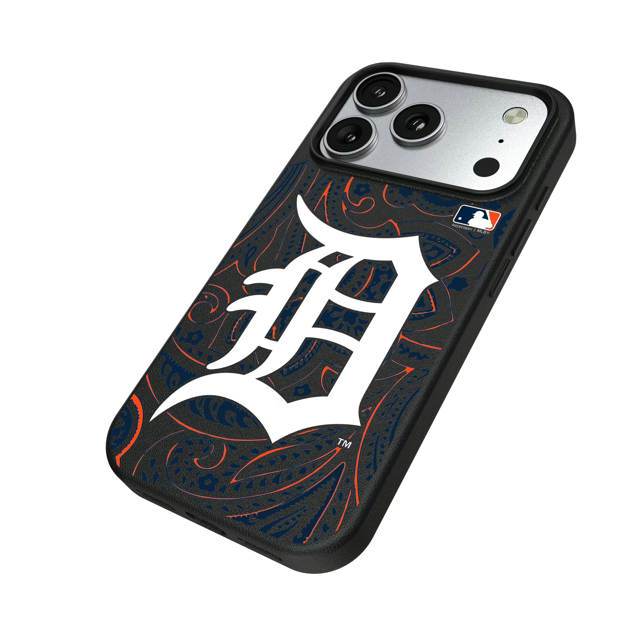 Detroit Tigers Paisley iPhone MagSafe Compatible Phone Case for Apple iPhone - Isometric View#Device_iPhone 17 Pro