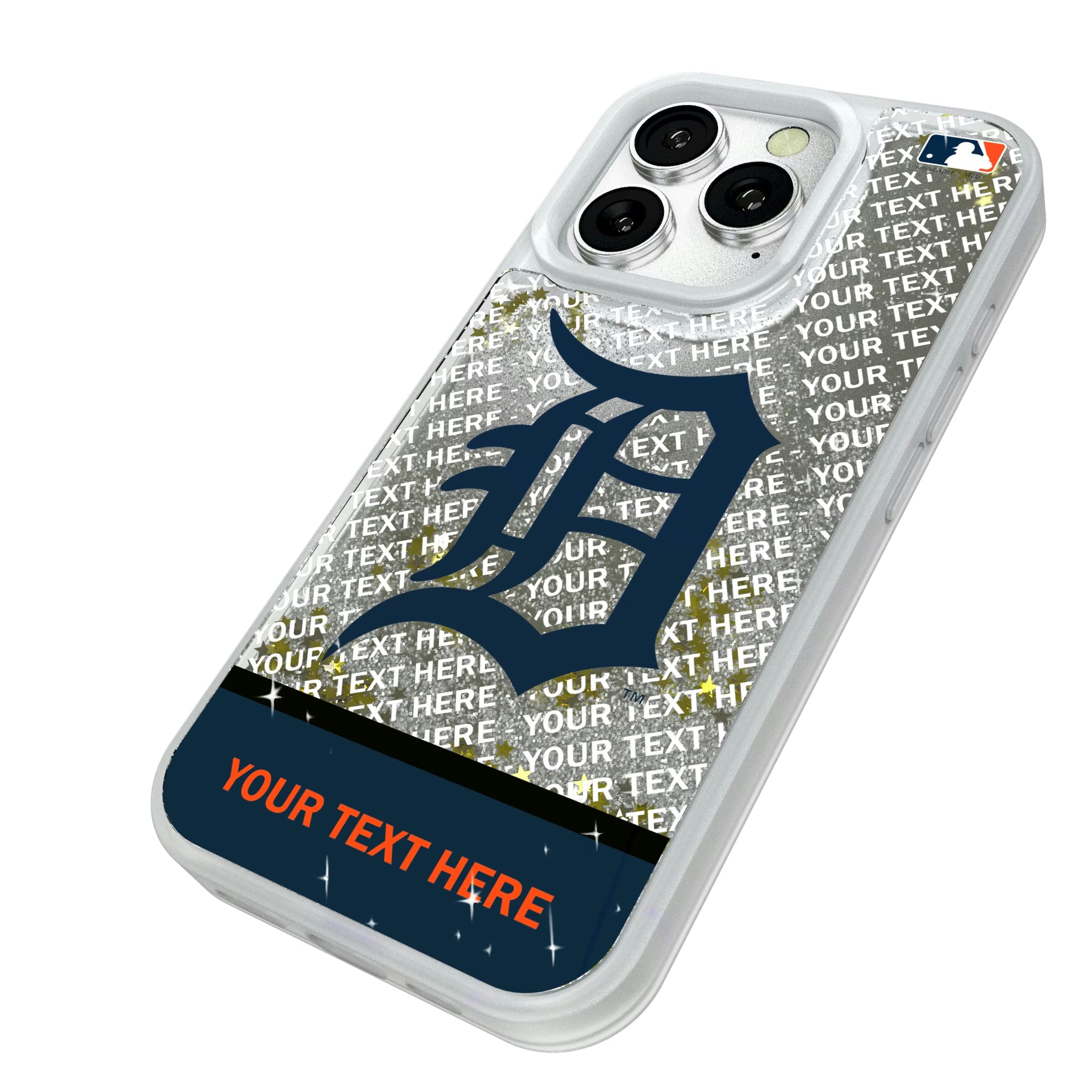 Detroit Tigers Personalized EndZone Plus iPhone Glitter Phone Case for Apple iPhone - Isometric View#Device_iPhone 16 Pro