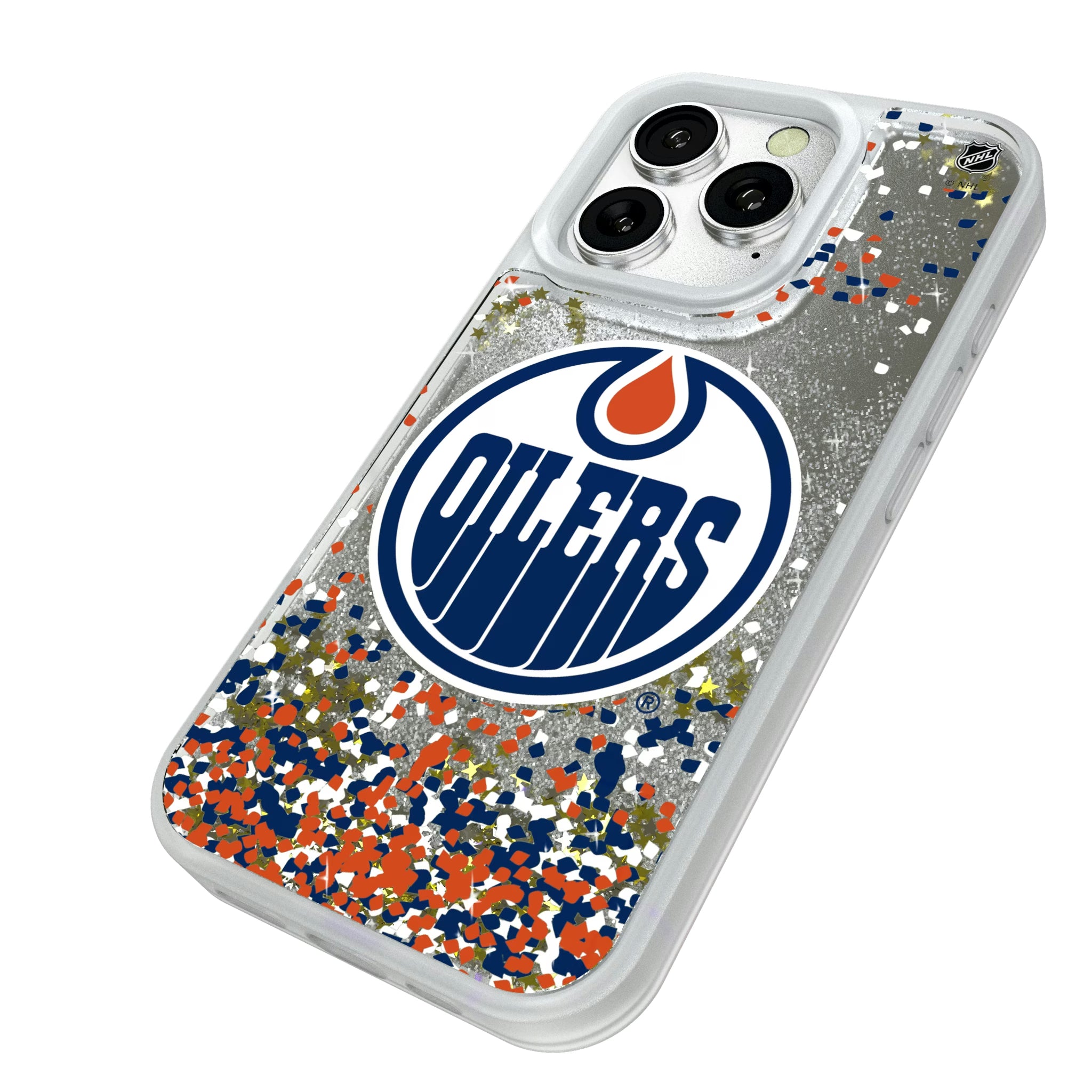 Edmonton Oilers Confetti iPhone Glitter Phone Case for Apple iPhone - Isometric View#Device_iPhone 16 Pro