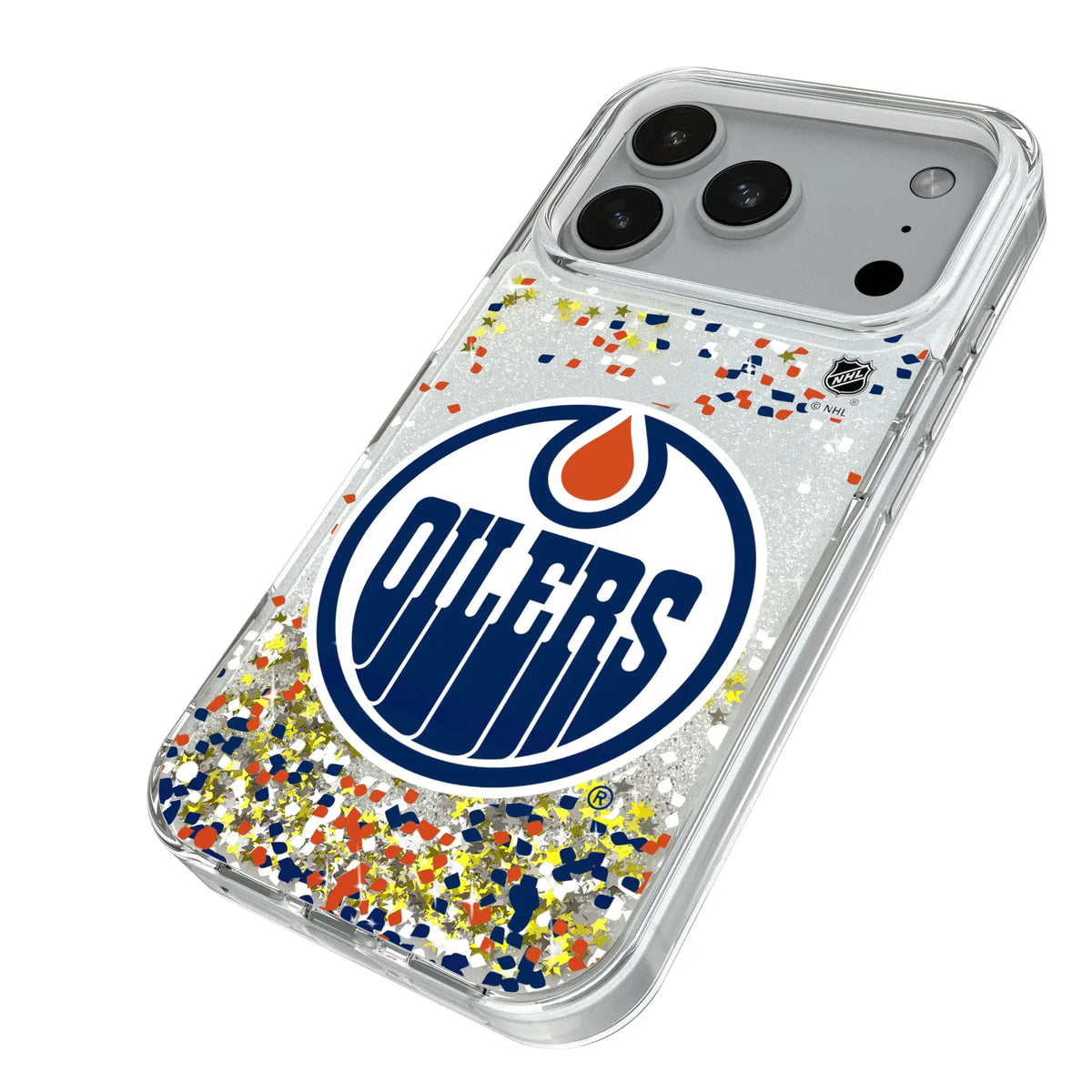 Edmonton Oilers Confetti iPhone Glitter Phone Case for Apple iPhone - Isometric View#Device_iPhone 18 Pro