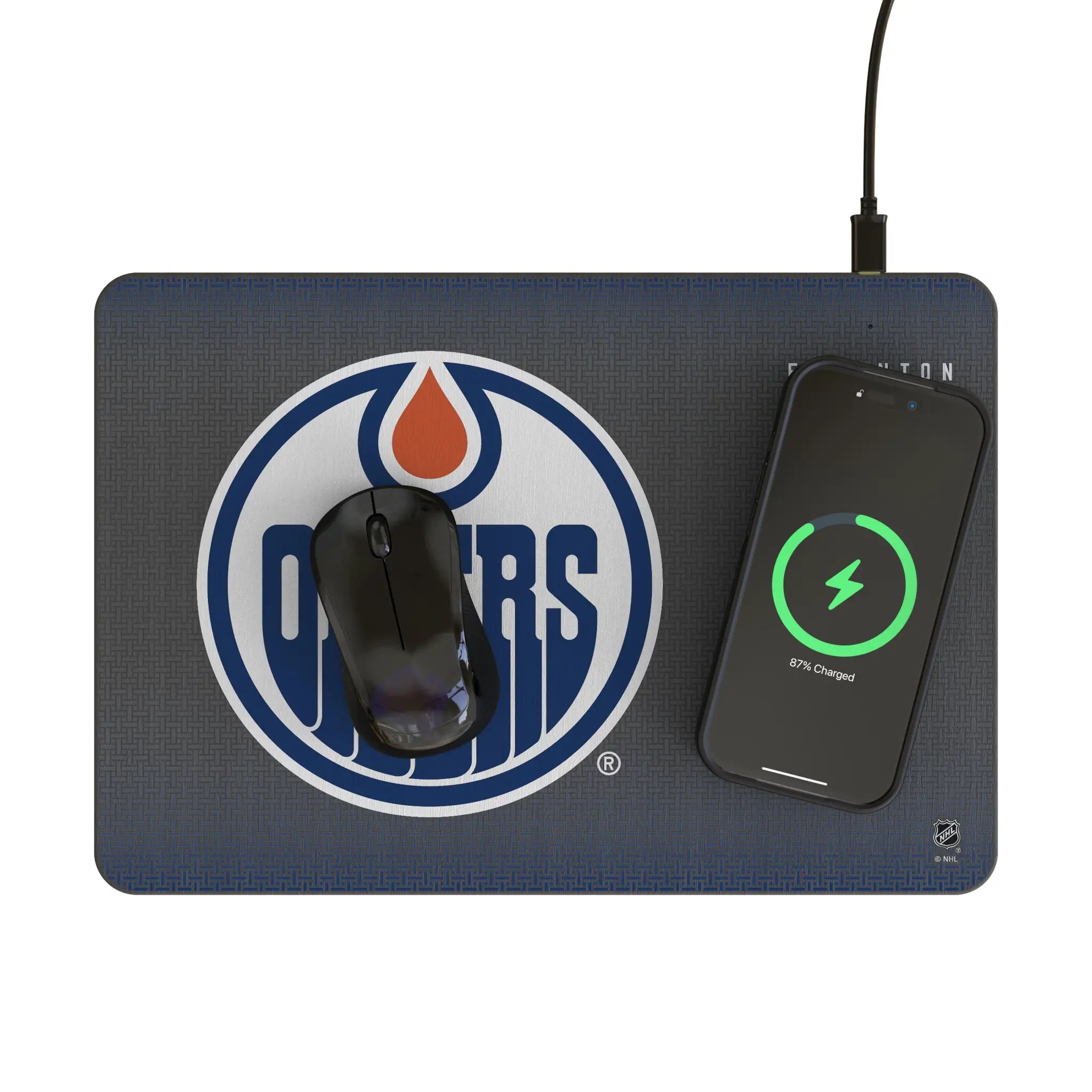Edmonton Oilers Linen 15-Watt Wireless Charger and Mouse Pad - Lifestyle