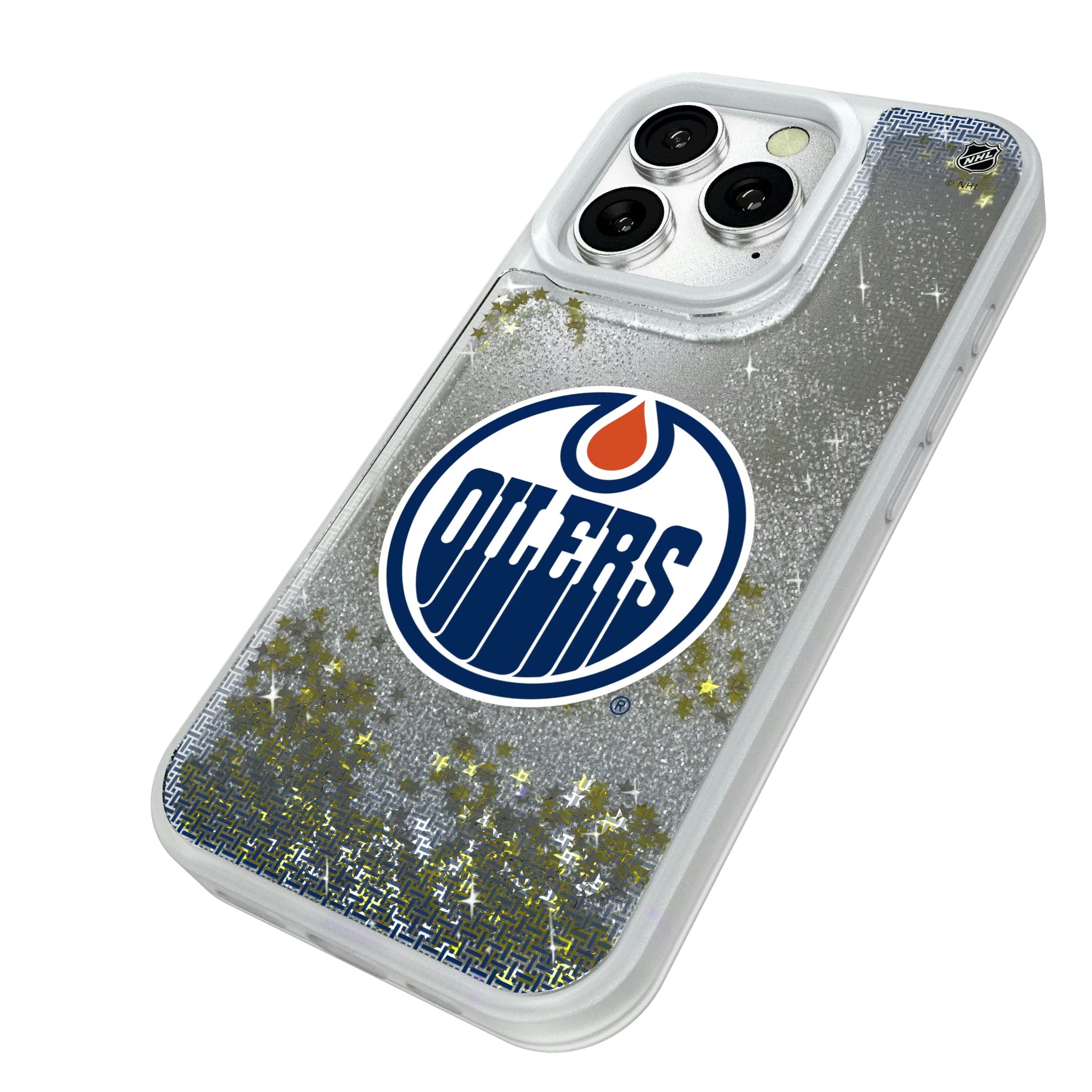 Edmonton Oilers Linen iPhone Glitter Phone Case for Apple iPhone - Isometric View#Device_iPhone 16 Pro