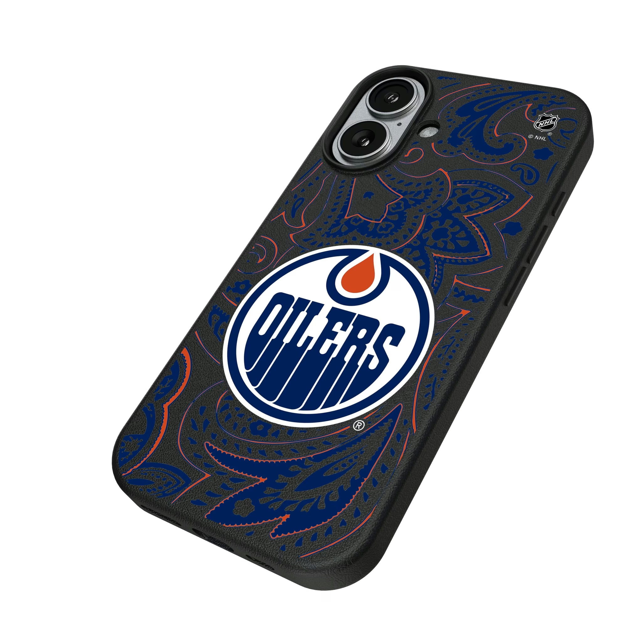 Edmonton Oilers Paisley iPhone MagSafe Compatible Phone Case for Apple iPhone - Isometric View#Device_iPhone 17