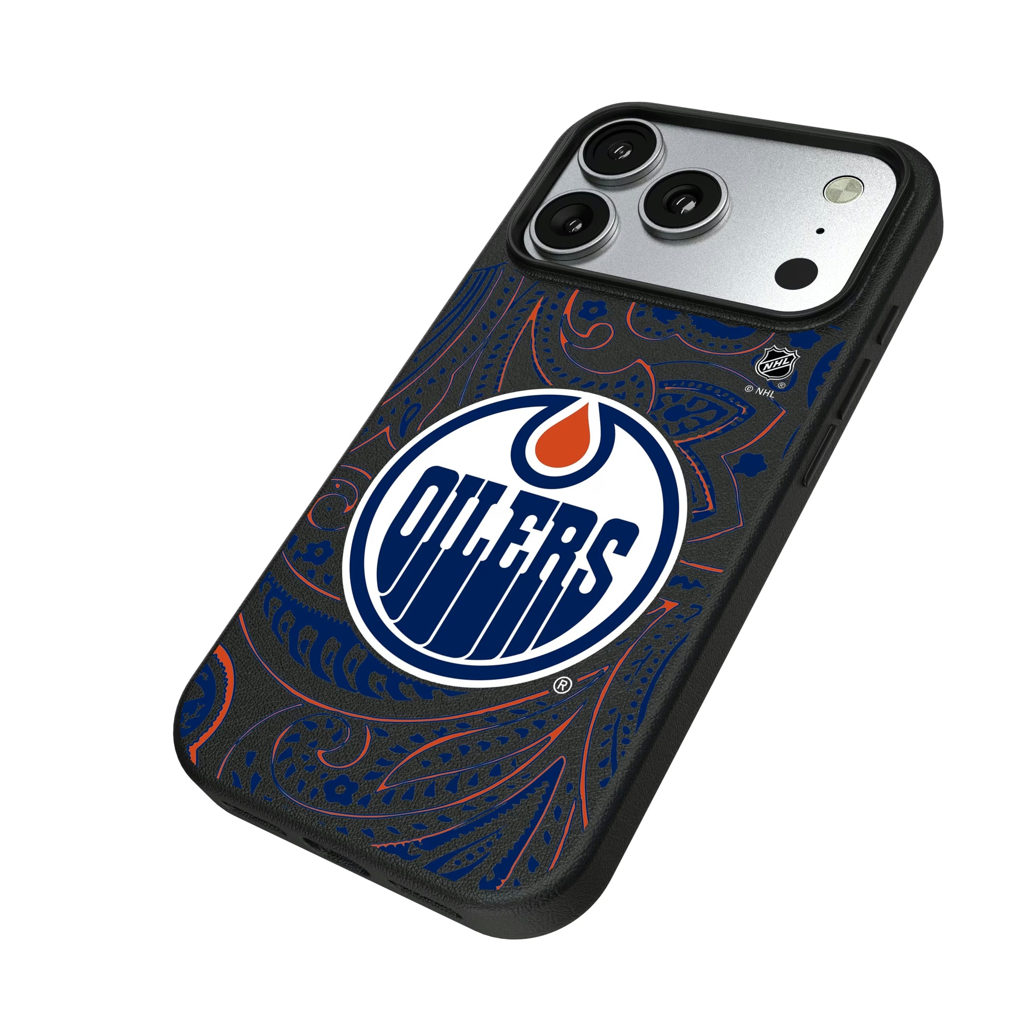 Edmonton Oilers Paisley iPhone MagSafe Compatible Phone Case for Apple iPhone - Isometric View#Device_iPhone 17 Pro