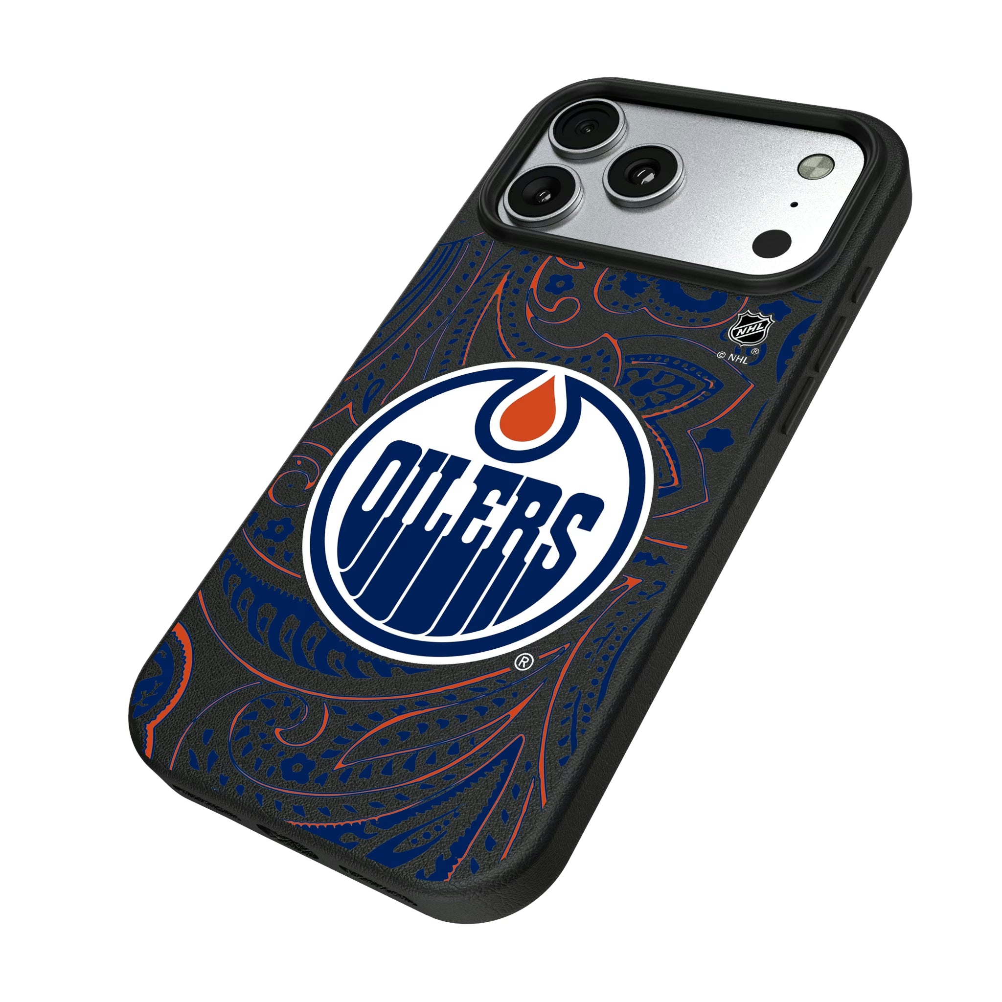 Edmonton Oilers Paisley iPhone MagSafe Compatible Phone Case for Apple iPhone - Isometric View#Device_iPhone 17 Pro Max